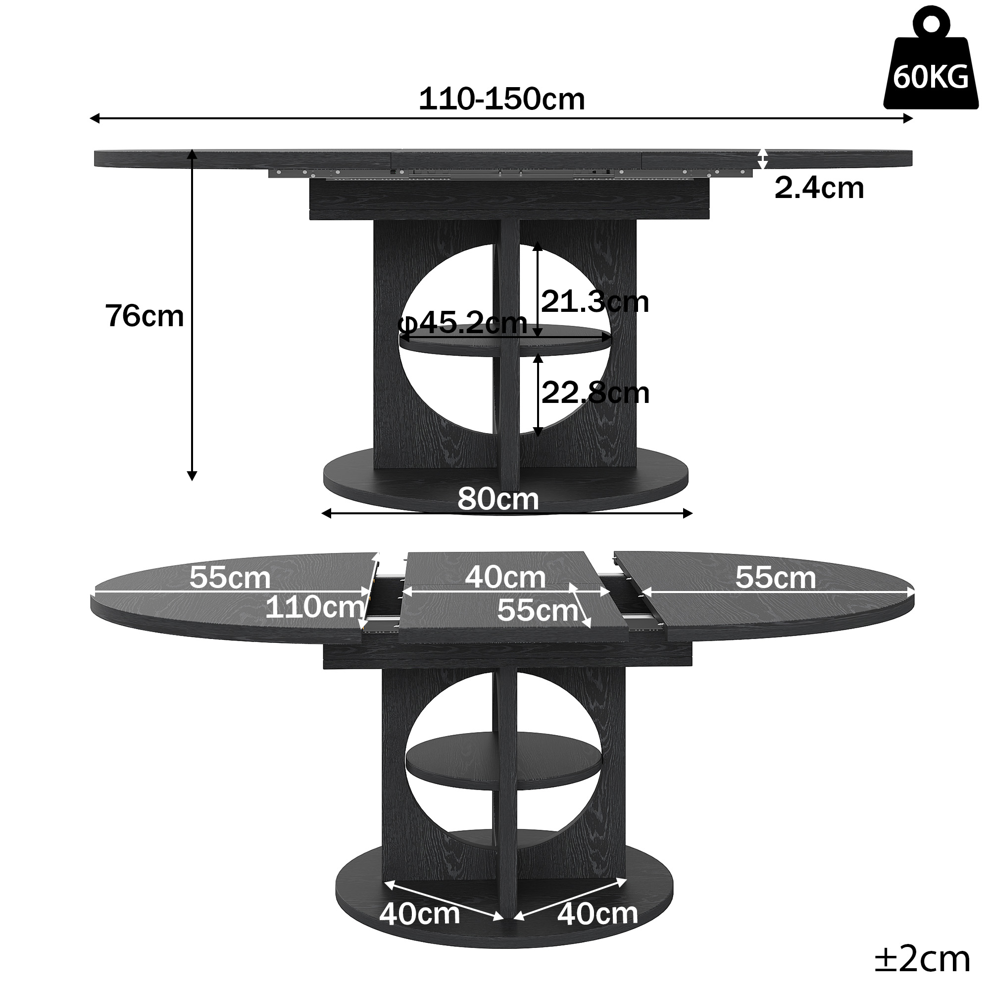 Table à manger extensible avec espace de rangement, 110-150 cm, aspect bois noir, capacité de charge jusqu'à 60 kg, ronde à ovale, table à manger extensible, table de salle à manger