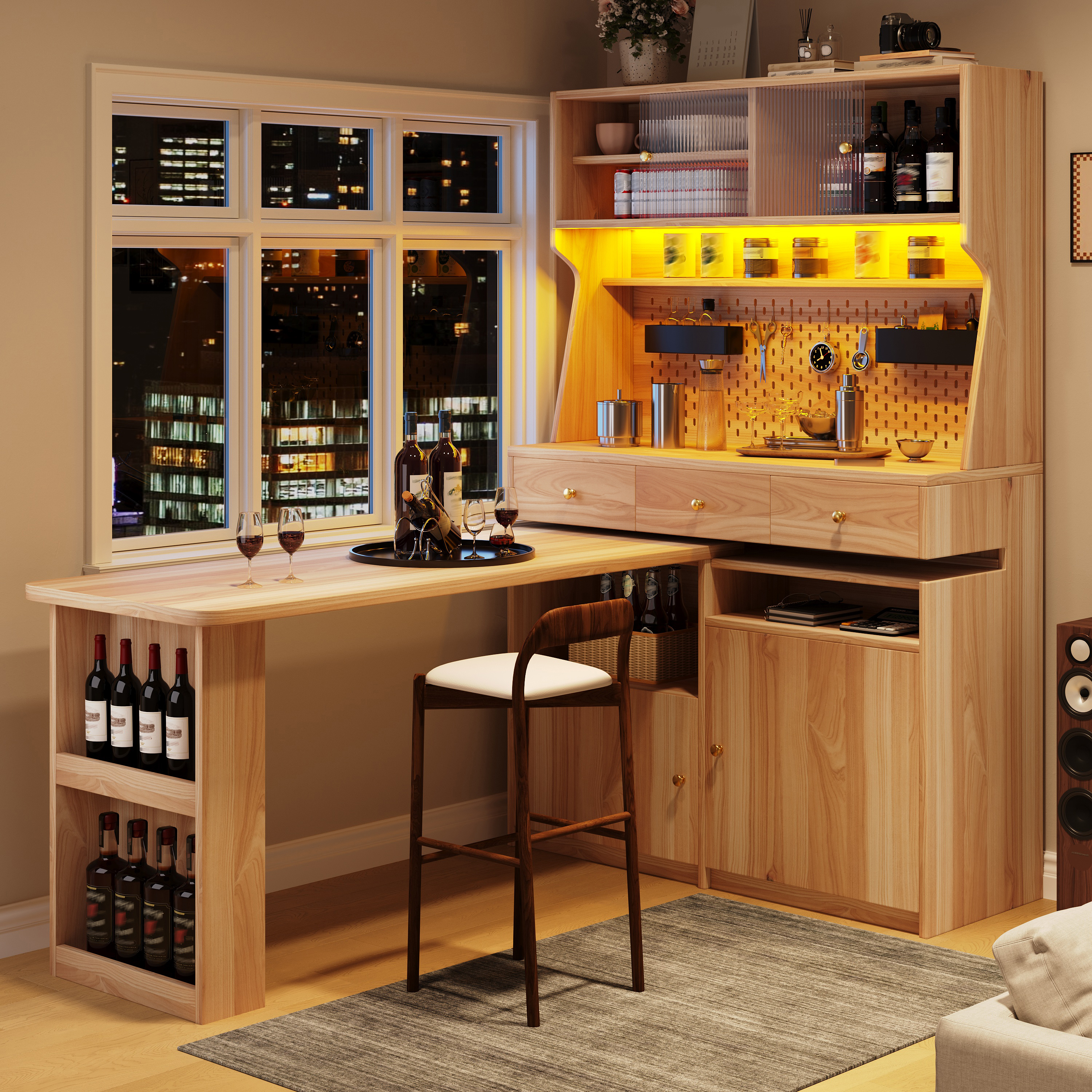 Armoire haute avec bureau et table de bar, armoire sur pied multifonctionnelle avec éclairage LED et contrôle par application, portes en verre, étagères réglables, panneau perforé, pour salon, salle