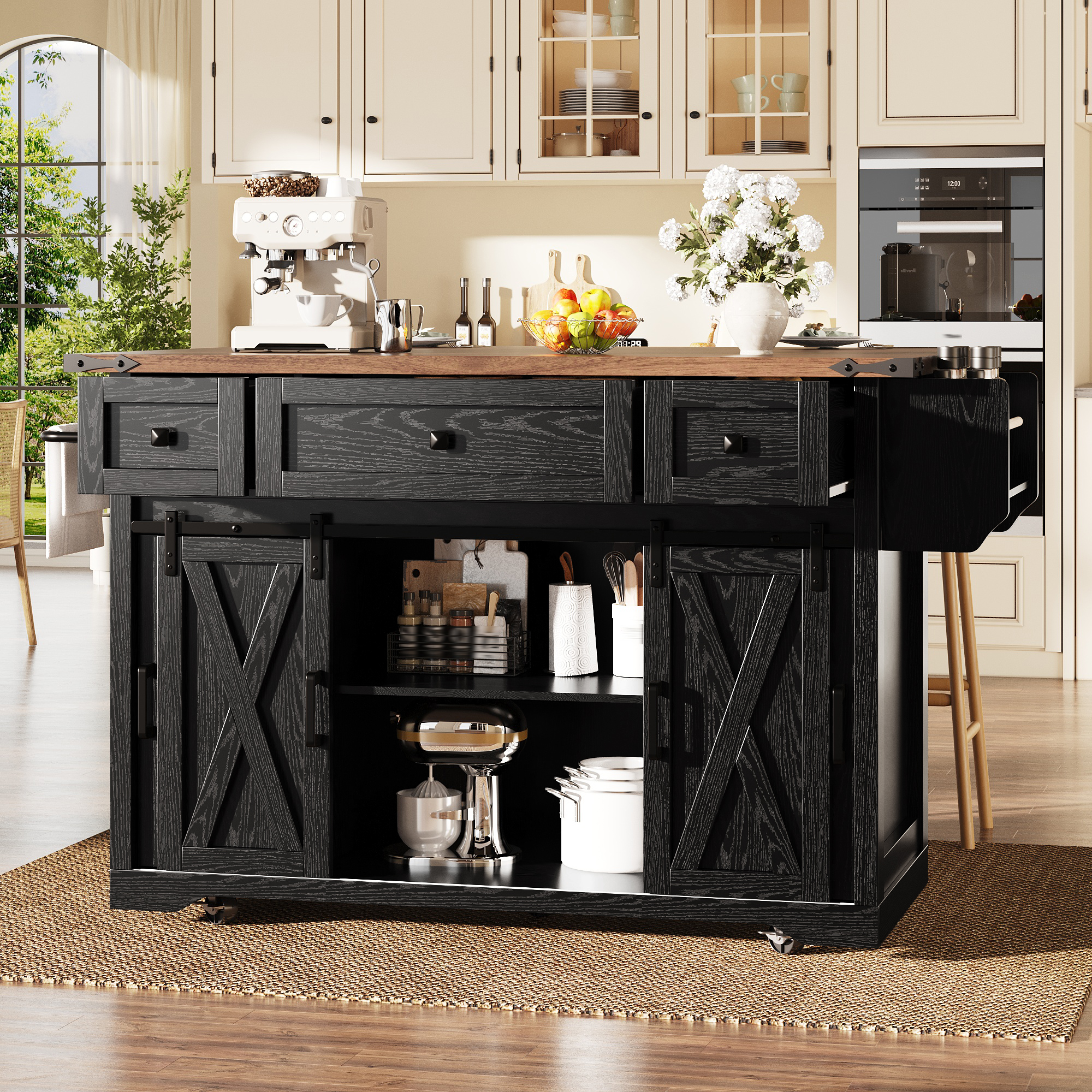 Chariot îlot de cuisine avec plan de travail extensible et prise électrique, hauteur de travail 91 cm, blanc/noir, capacité de charge jusqu'à 75 kg, desserte de cuisine, chariot de service