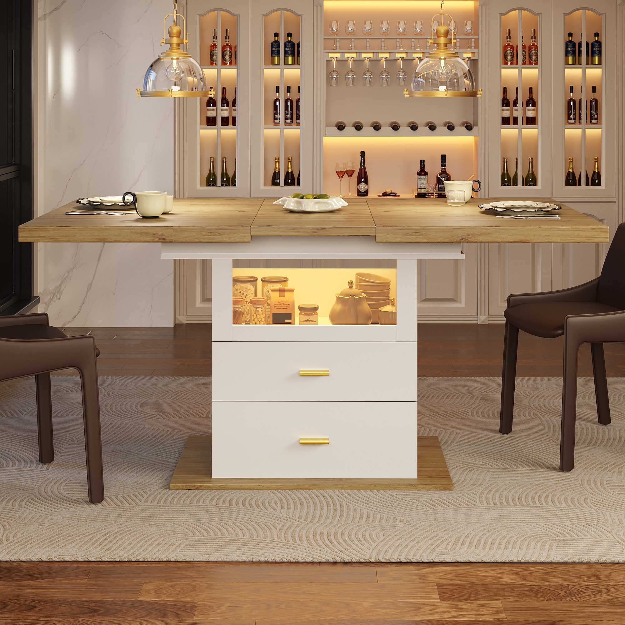 Table à manger extensible avec éclairage LED et contrôle par application, table extensible 110-140 cm avec espace de rangement, aspect bois MDF, pour cuisine et salle à manger, table de salle à manger