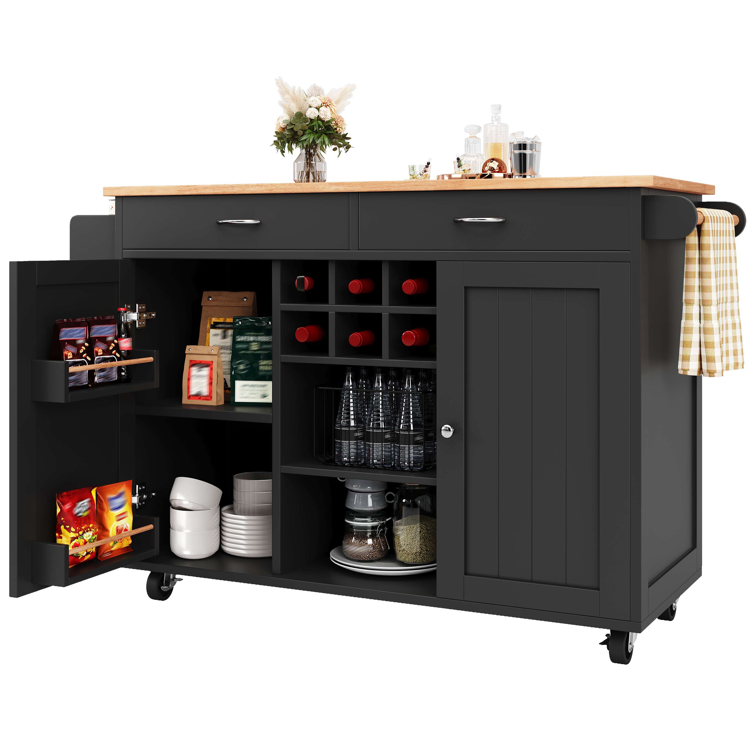 Îlot de cuisine 102×45×92 cm, plateau MDF imitation bois, poignées zinc, séparateurs réglables, pour cuisine, beaucoup de rangement, design moderne, facile entretien, style fonctionnel élégant, stabilité - image 2