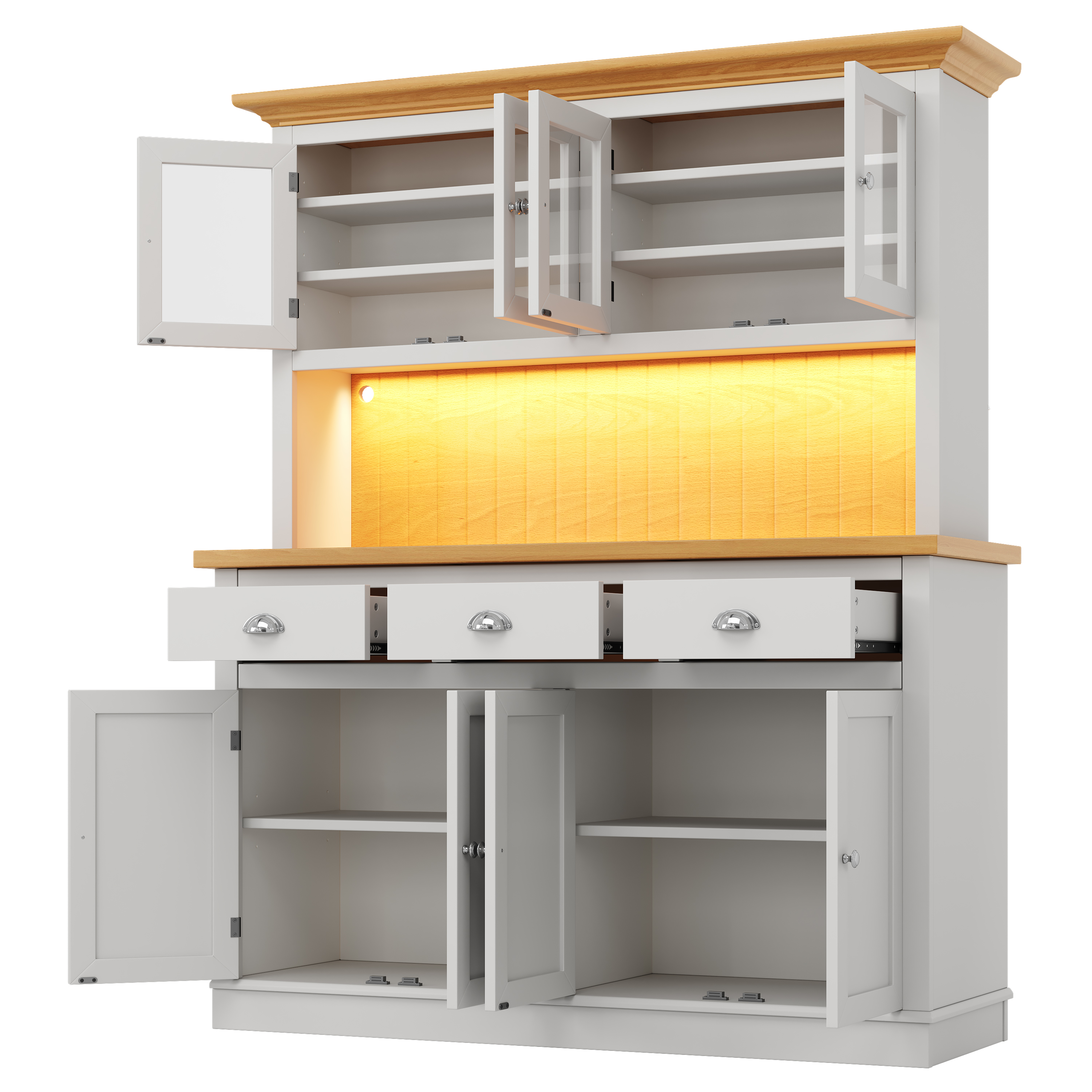 Buffet de cuisine 140 x 40 x 180 cm, LED, étagères réglables, MDF et verre, Light Gray - dimensions et spécifications