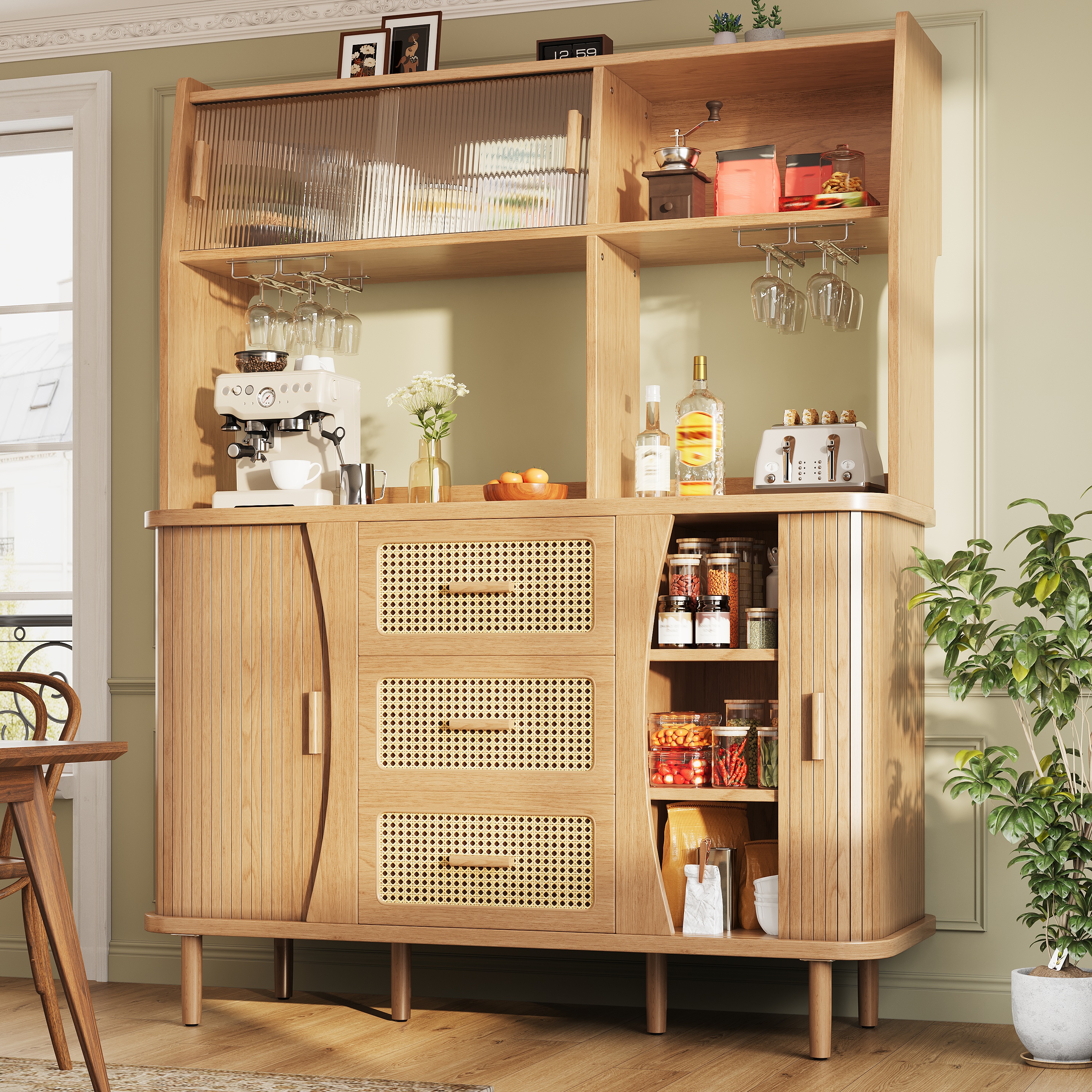 Buffet de haute qualité aspect rotin et portes coulissantes en verre, meuble de cuisine de 174, 5 cm de haut avec espace de rangement, aspect bois naturel/noyer, peut supporter jusqu'à 60 kg