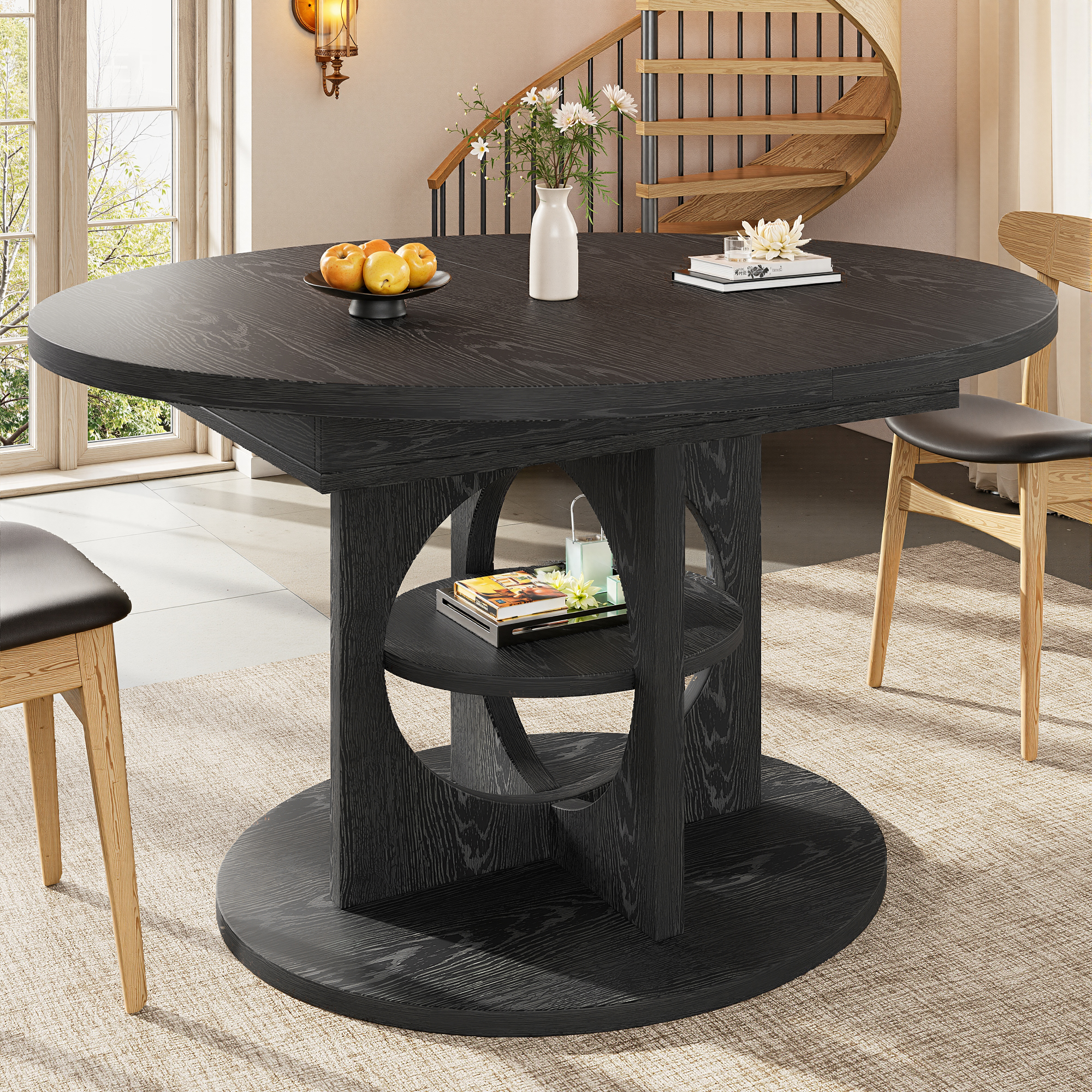 Table à manger extensible avec espace de rangement, 110-150 cm, aspect bois noir, capacité de charge jusqu'à 60 kg, ronde à ovale, table à manger extensible, table de salle à manger