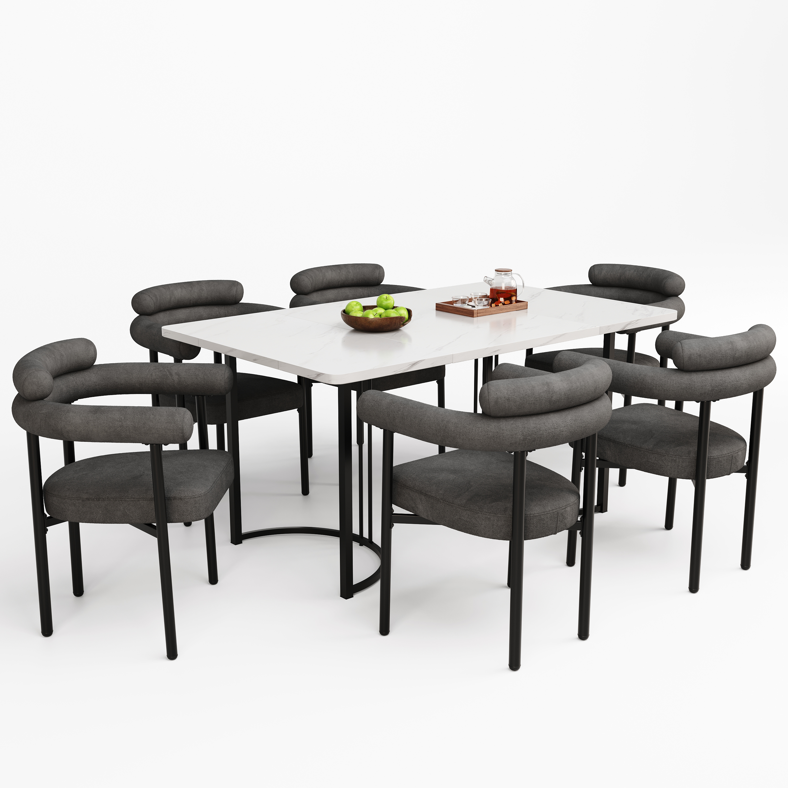 Ensemble table et chaises, 7 pièces, 1 table + 6 chaises, métal et tissu, blanc - vue 1