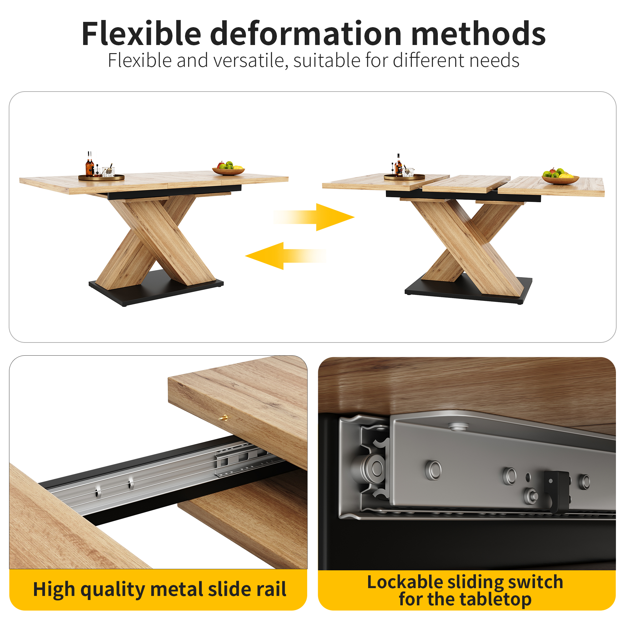 Table à manger extensible 119–158,5 cm x 80 x 75 cm pour 6 à 8 personnes, pieds croisés, MDF, Effet bois naturel - dimensions et détails