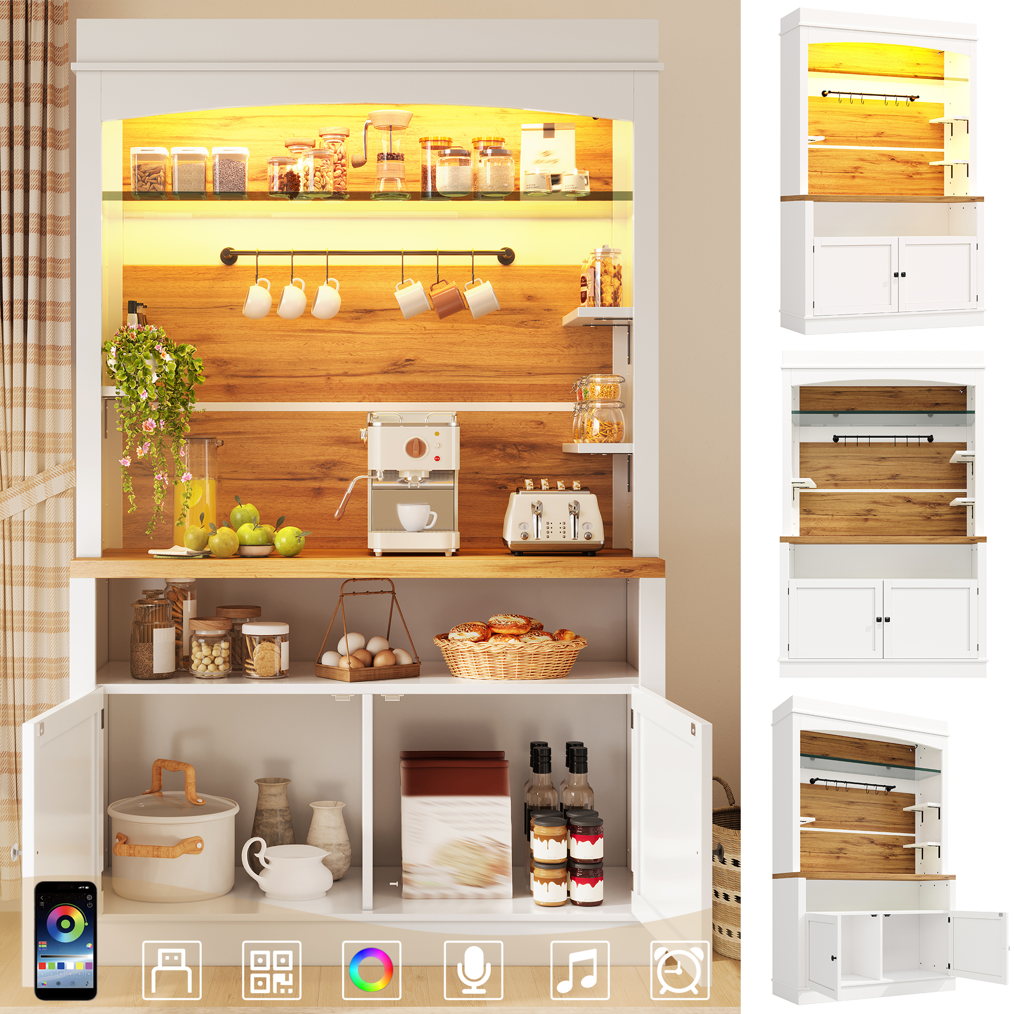 Lot de 2 meubles hauts avec éclairage LED, meuble buffet hauteur 184 cm avec étagère en verre et bande de crochets, blanc, capacité de charge jusqu'à 60 kg, buffet de cuisine, meuble de rangement