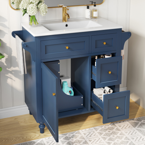 Meuble vasque avec poignées métalliques et pieds en bois