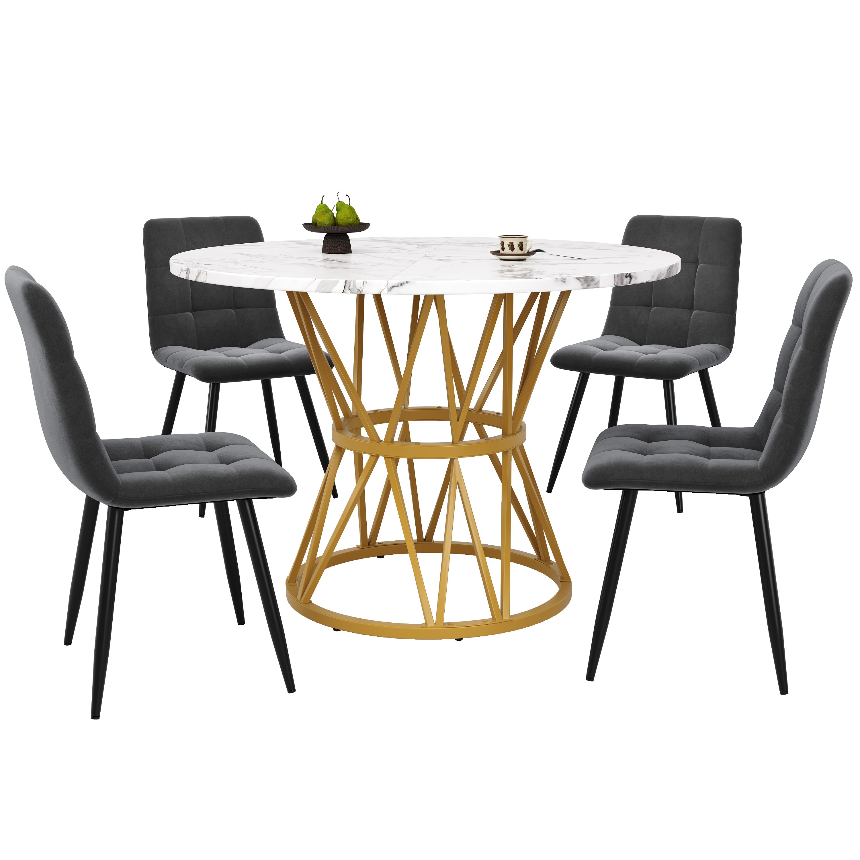 Ensemble table et chaises, 5 pièces, 1 table + 4 chaises, métal et velours, gris - vue 1