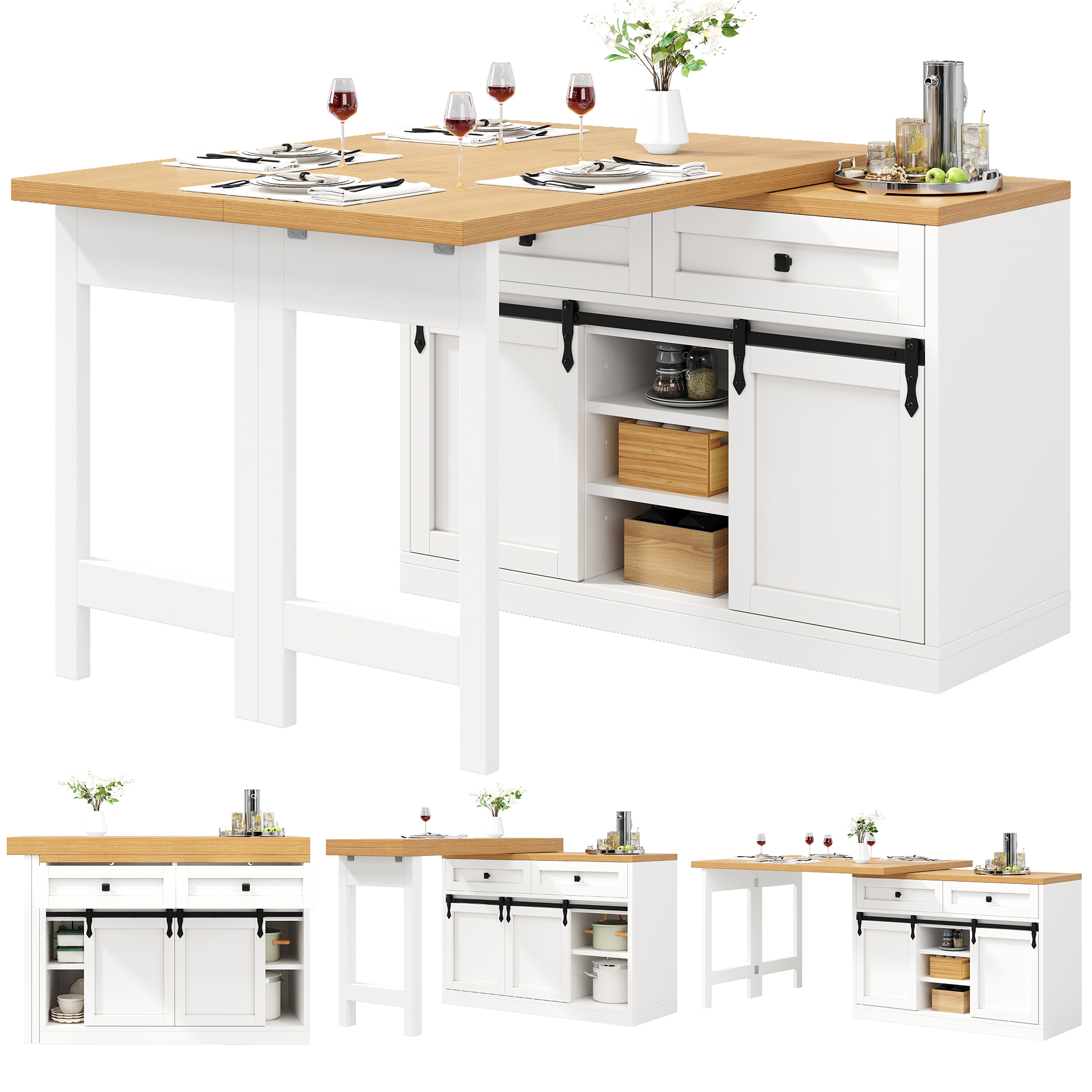 Îlot de cuisine rotatif à 360° avec portes coulissantes au design grange 120-197 cm, 2 tiroirs et étagères réglables, blanc, îlot de cuisine, meuble de rangement, cuisine et salle à manger