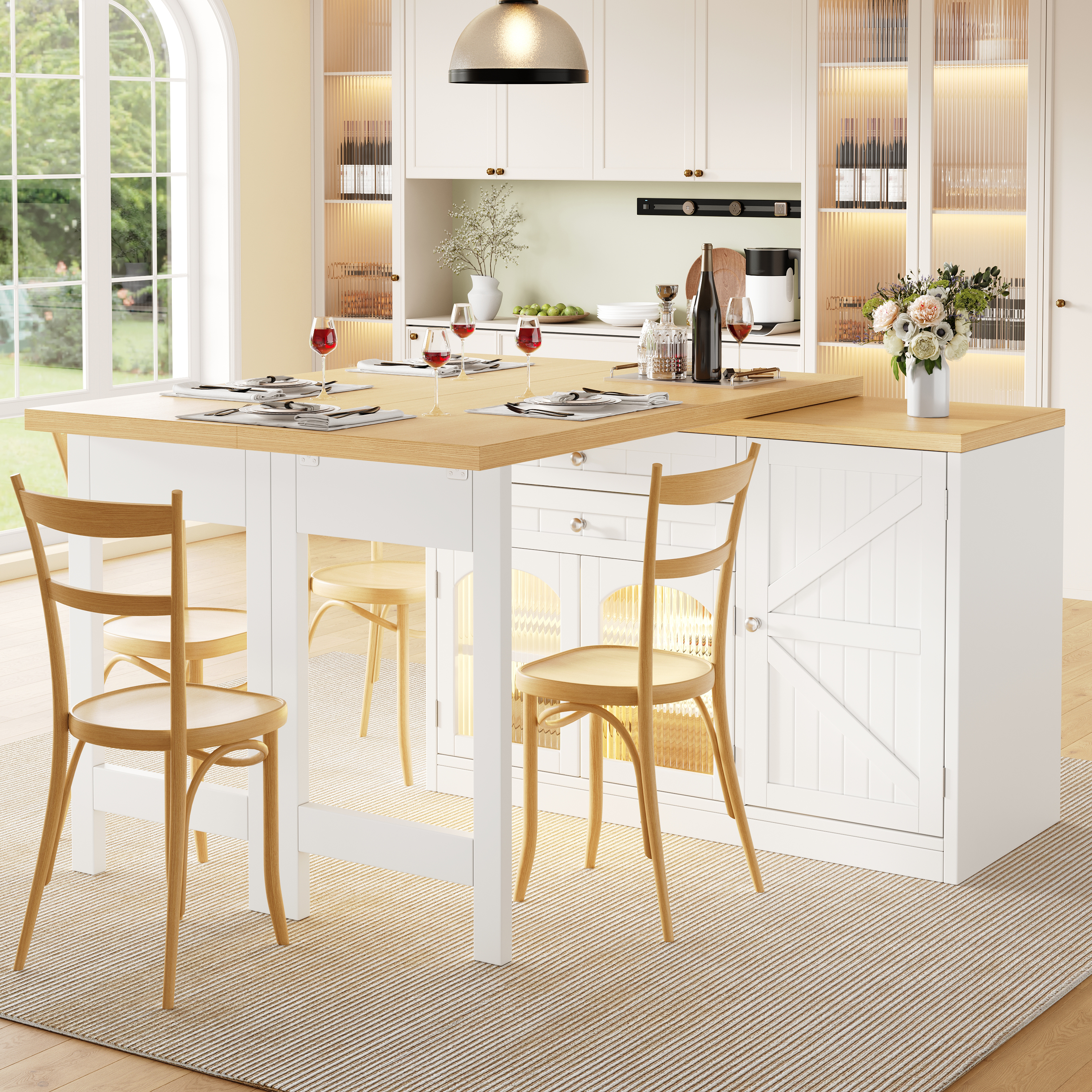 Table à manger extensible pour îlot de cuisine 120-194 cm, plateau rotatif à 360°, avec portes en verre, tiroirs et porte-collations, blanc/noir, îlot de cuisine, meuble de rangement