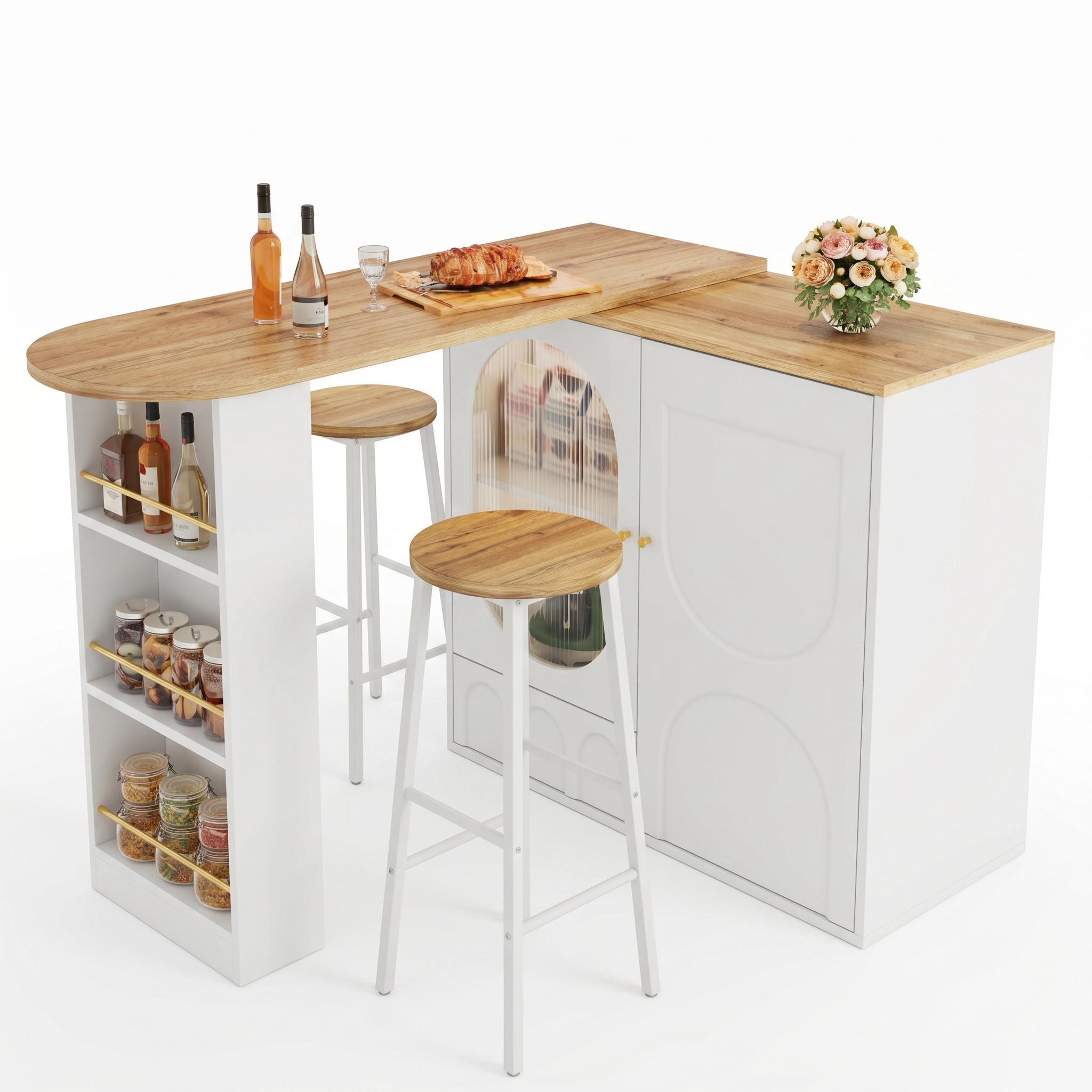 Ensemble de bar: table îlot de cuisine avec espace de rangement et 2 tabourets de bar, blanc, aspect bois, avec portes d'armoires en verre et étagères réglables, peut supporter jusqu'à 150 kg par