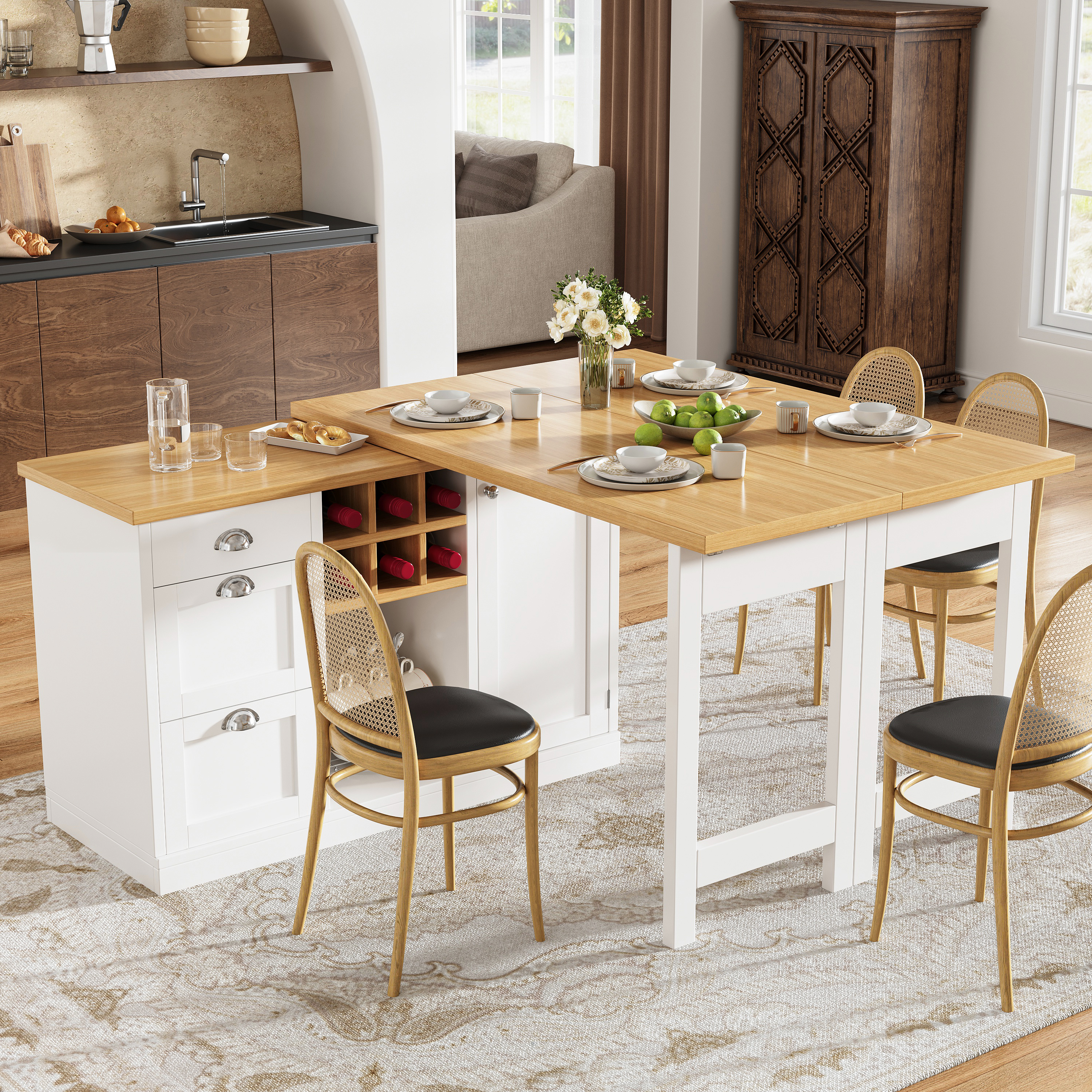 Table de bar multifonctionnelle avec rangement, îlot de cuisine extensible avec casier à vin et tiroir, poignées en métal, table de cuisine pliante rotative à 360°, chariot de service pour petits