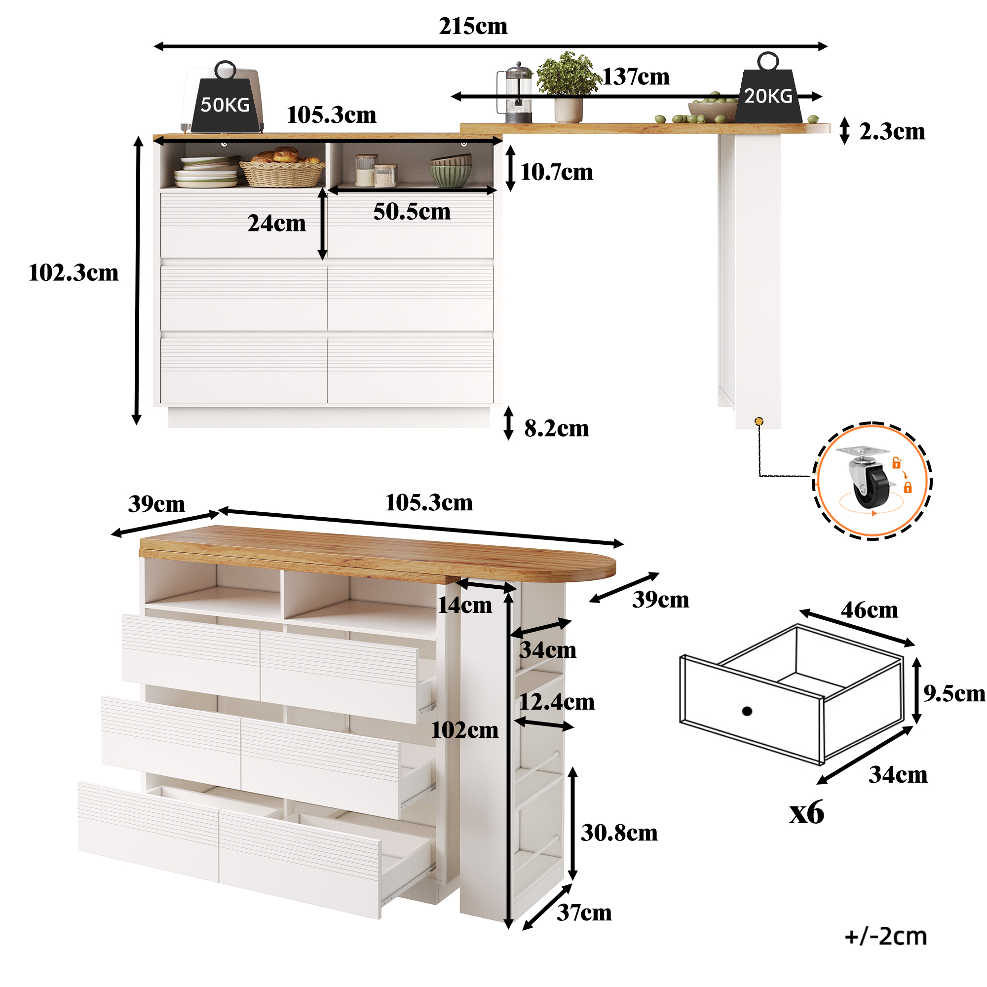 Table de bar extensible avec espace de rangement (137-215 × 39 × 102, 3 cm), table de bar mobile moderne, table de bar télescopique avec six tiroirs, table de bar table de bistro table haute îlot