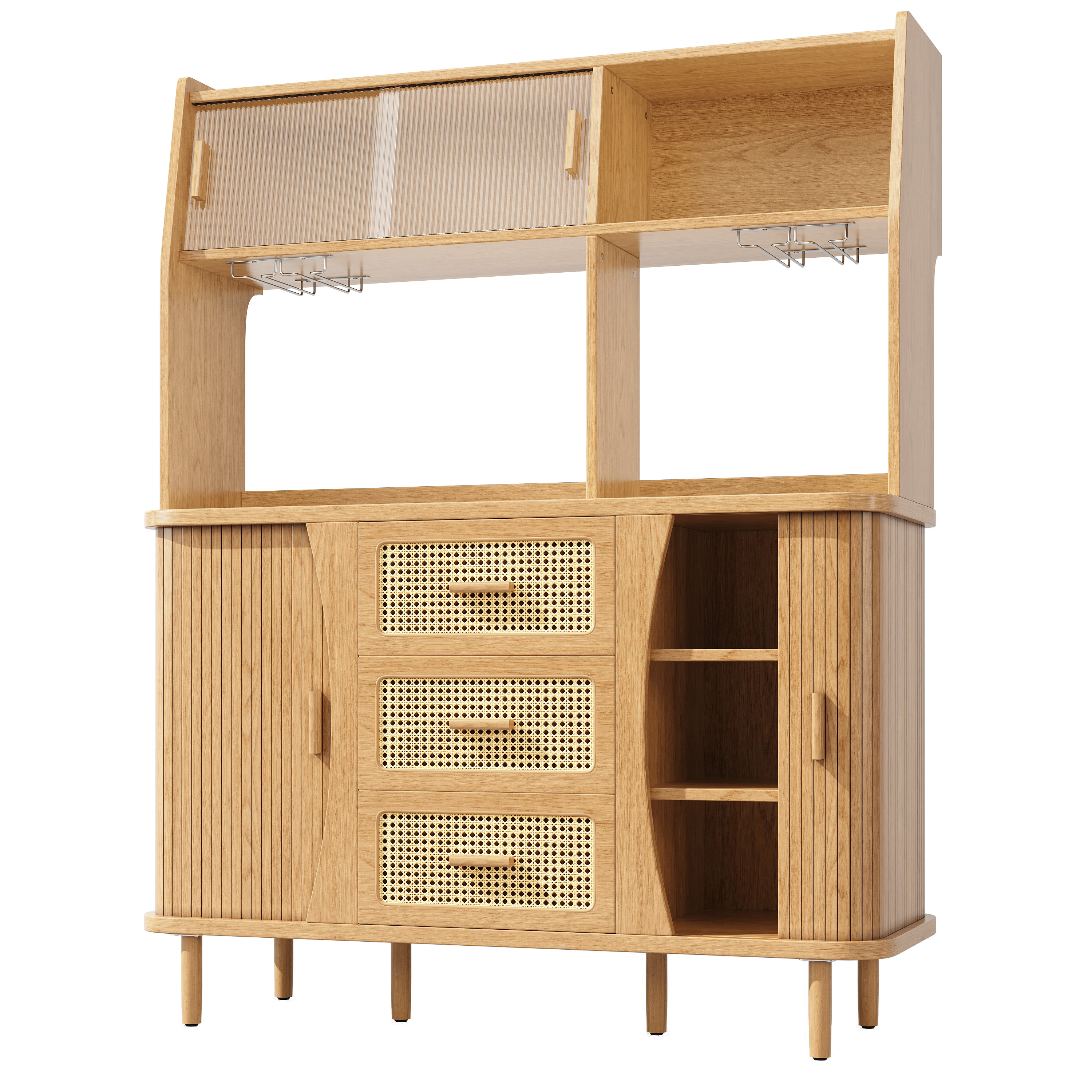 Buffet de haute qualité aspect rotin et portes coulissantes en verre, meuble de cuisine de 174, 5 cm de haut avec espace de rangement, aspect bois naturel/noyer, peut supporter jusqu'à 60 kg