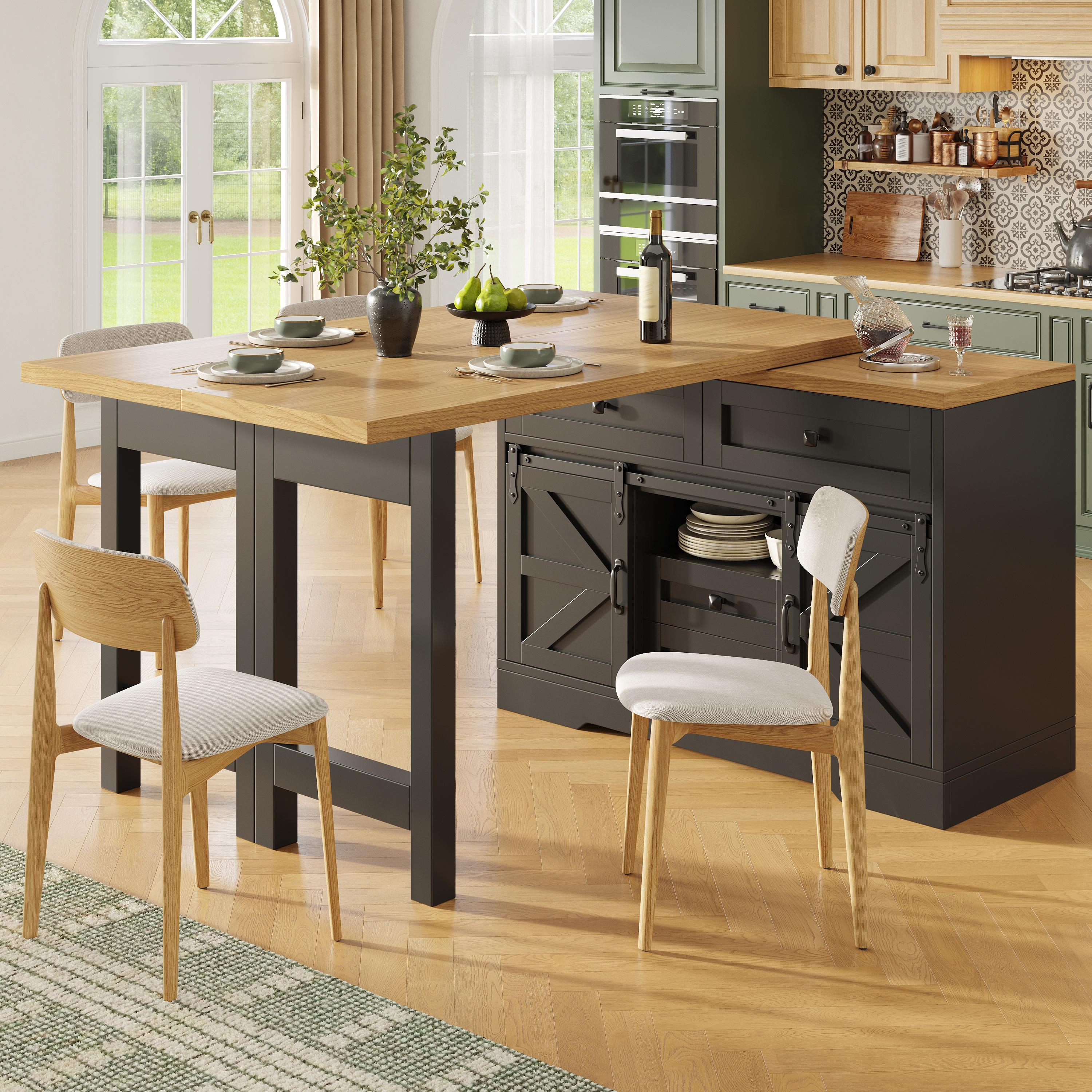 Îlot de cuisine multifonctionnel avec table à manger, armoire latérale avec tiroirs cachés, panneaux rotatifs à 360°, porte d'armoire de grange, table de salle à manger 2 en 1 pour îlot de cuisine