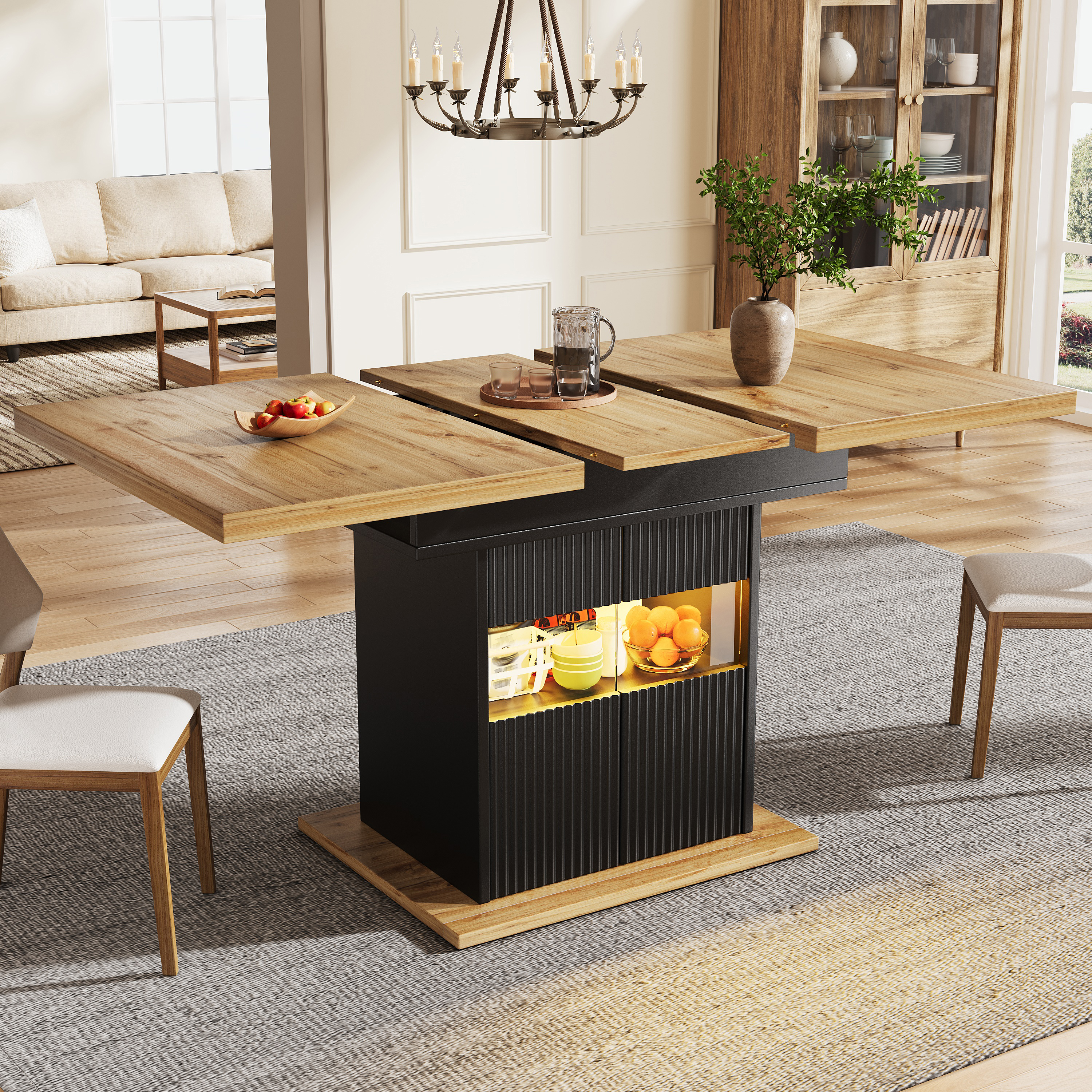Table à manger extensible avec espace de rangement et éclairage LED, 110-140 cm, avec étagère réglable, charge jusqu'à 60 kg, bois noir, table à manger extensible, table de salle à manger