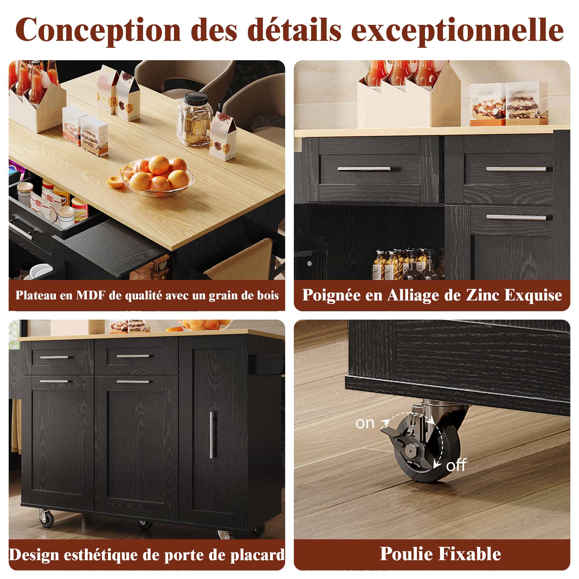 Îlot de cuisine 110×46×90.5 cm avec plateau escamotable 74 cm, MDF imitation bois, poignées zinc, rangements flexibles, pour cuisine, design moderne, beaucoup de stockage, style fonctionnel, stabilité, facile entretien - image 23