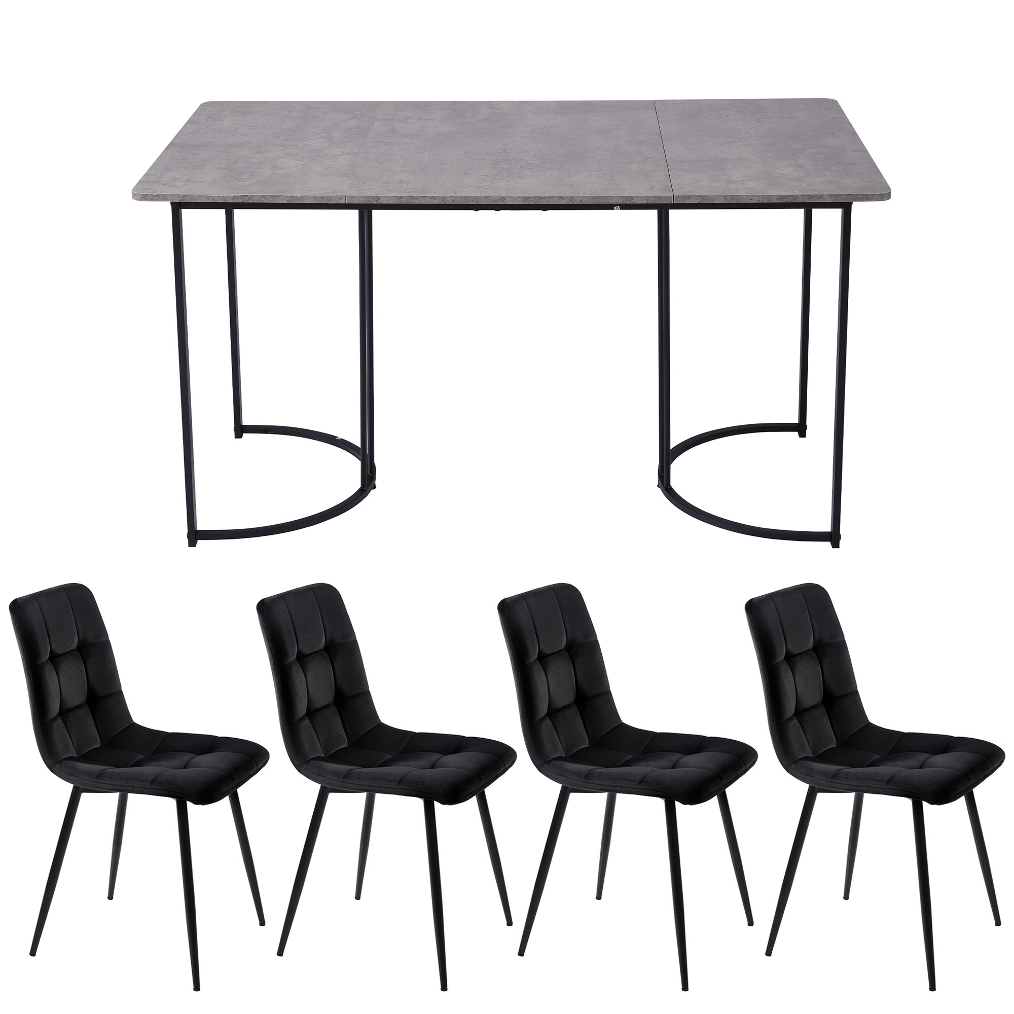 Ensemble table et chaises, 5 pièces, 1 table + 4 chaises, métal et velours, noir - vue 1