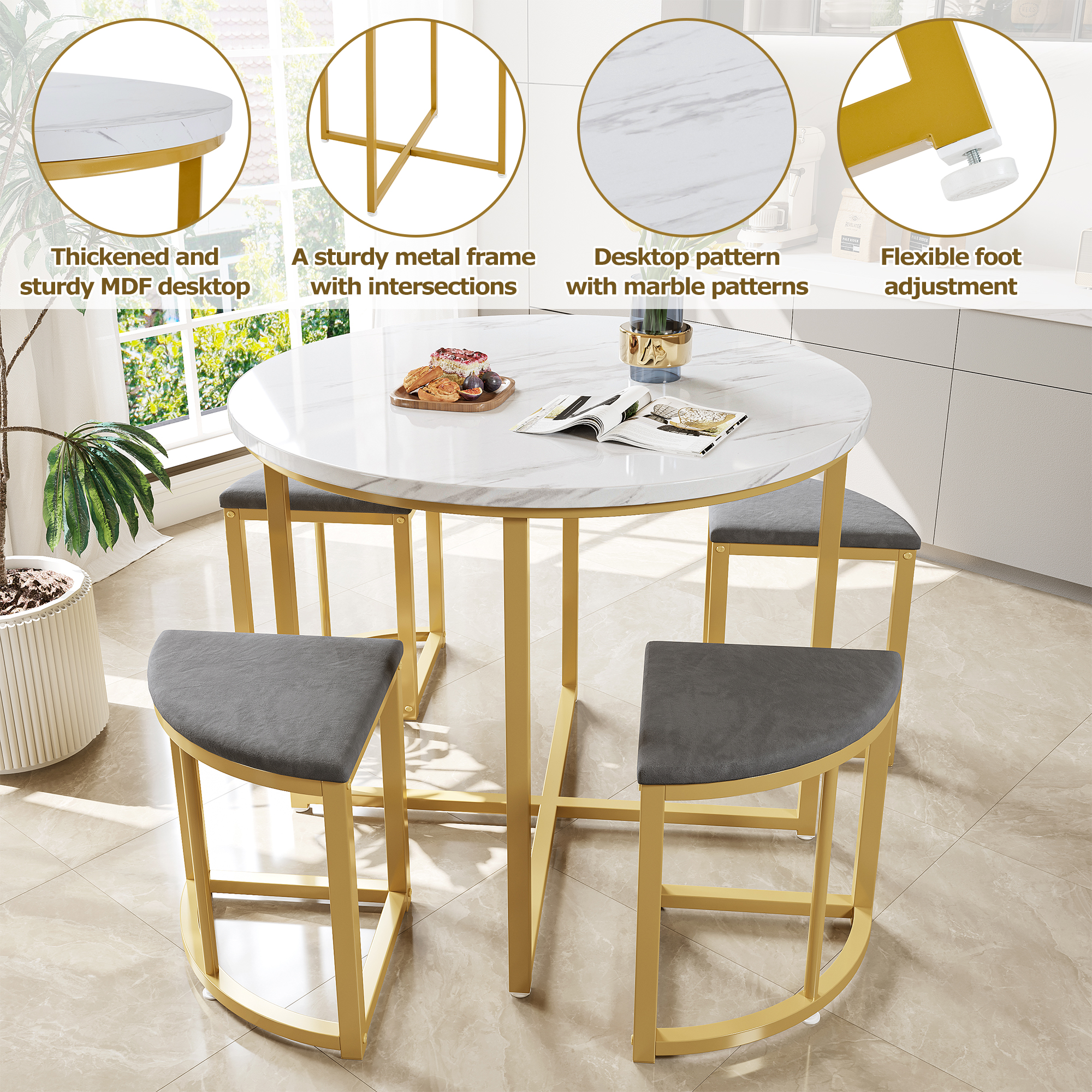 Ensemble table et chaises, 5 pièces, 1 table + 4 chaises, 80 x 80 x 75 cm, métal et velours, blanc - vue 4
