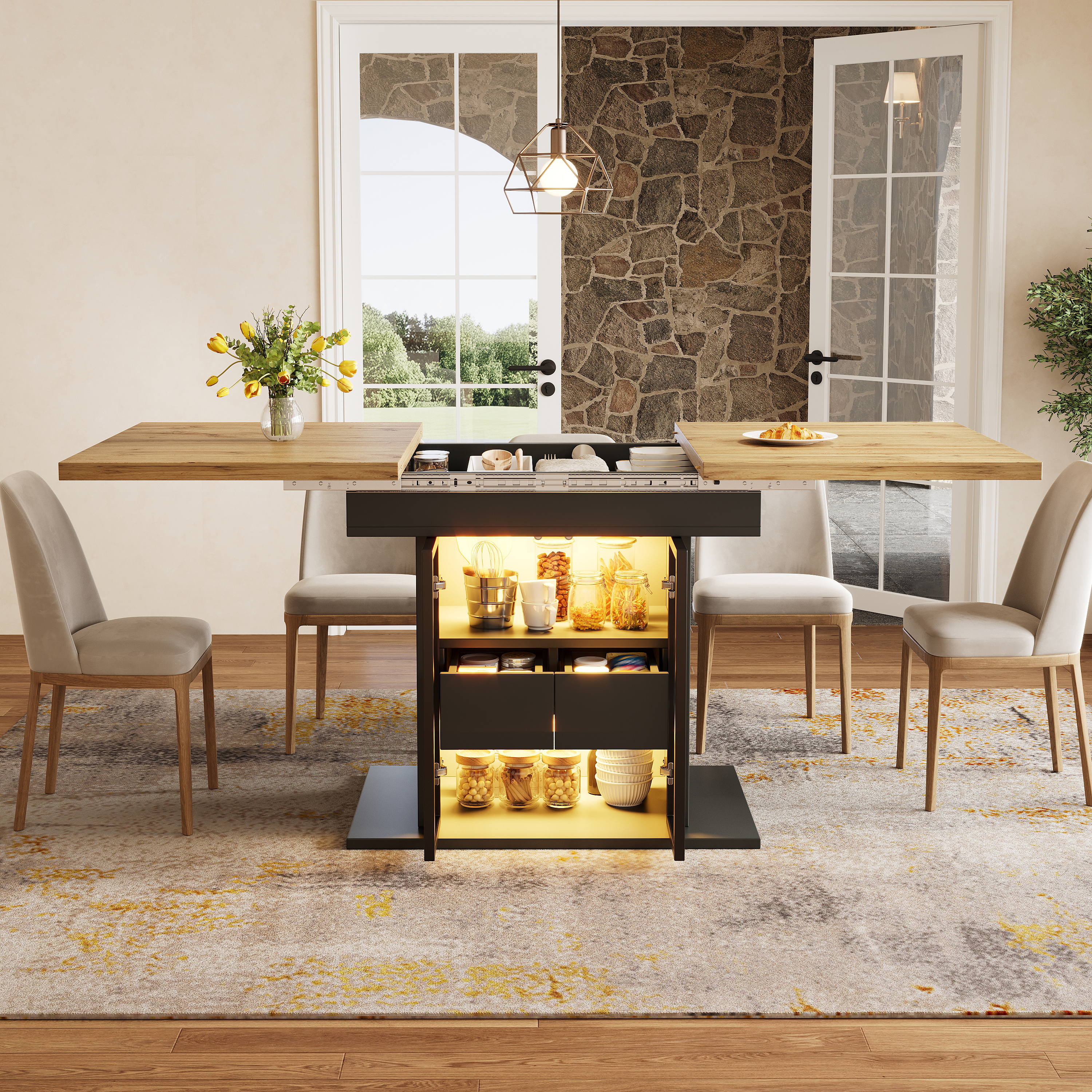 Table à manger extensible avec espace de rangement et éclairage LED RGB, 110-140 cm, portes coulissantes en verre et poignées cachées, blanc/noir, table à manger extensible, table de salle à manger
