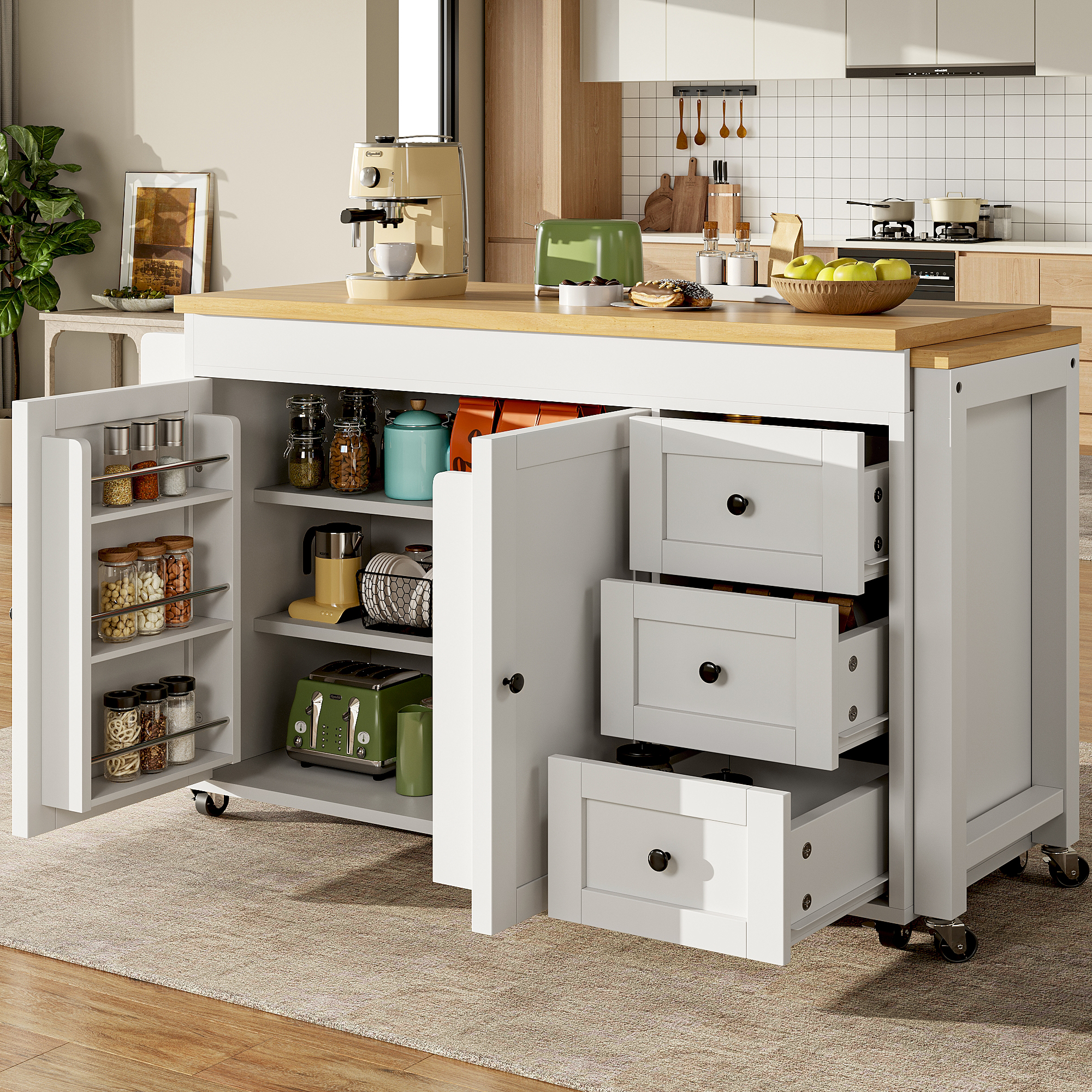 Îlot de cuisine extensible avec espace de rangement de 116 à 179, 5 cm, plateau extensible jusqu'à max. 69, 5 cm, avec 3 tiroirs, tablettes latérales et roulettes, blanc/noir, îlot de cuisine