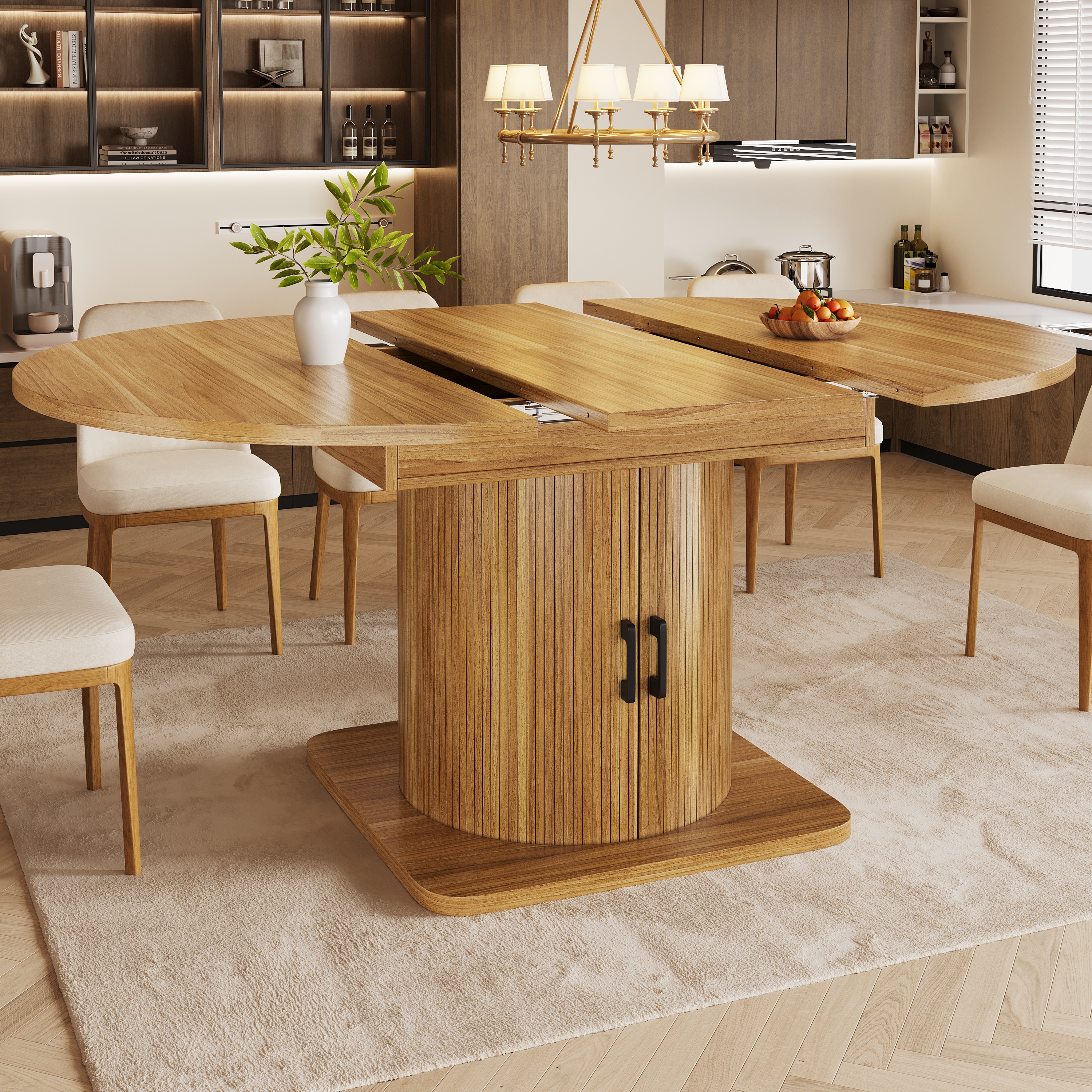 Table à manger extensible avec espace de rangement, table multifonctionnelle avec étagères amovibles, table de cuisine peu encombrante pour petites pièces et salles à manger, plateau en MDF, marron