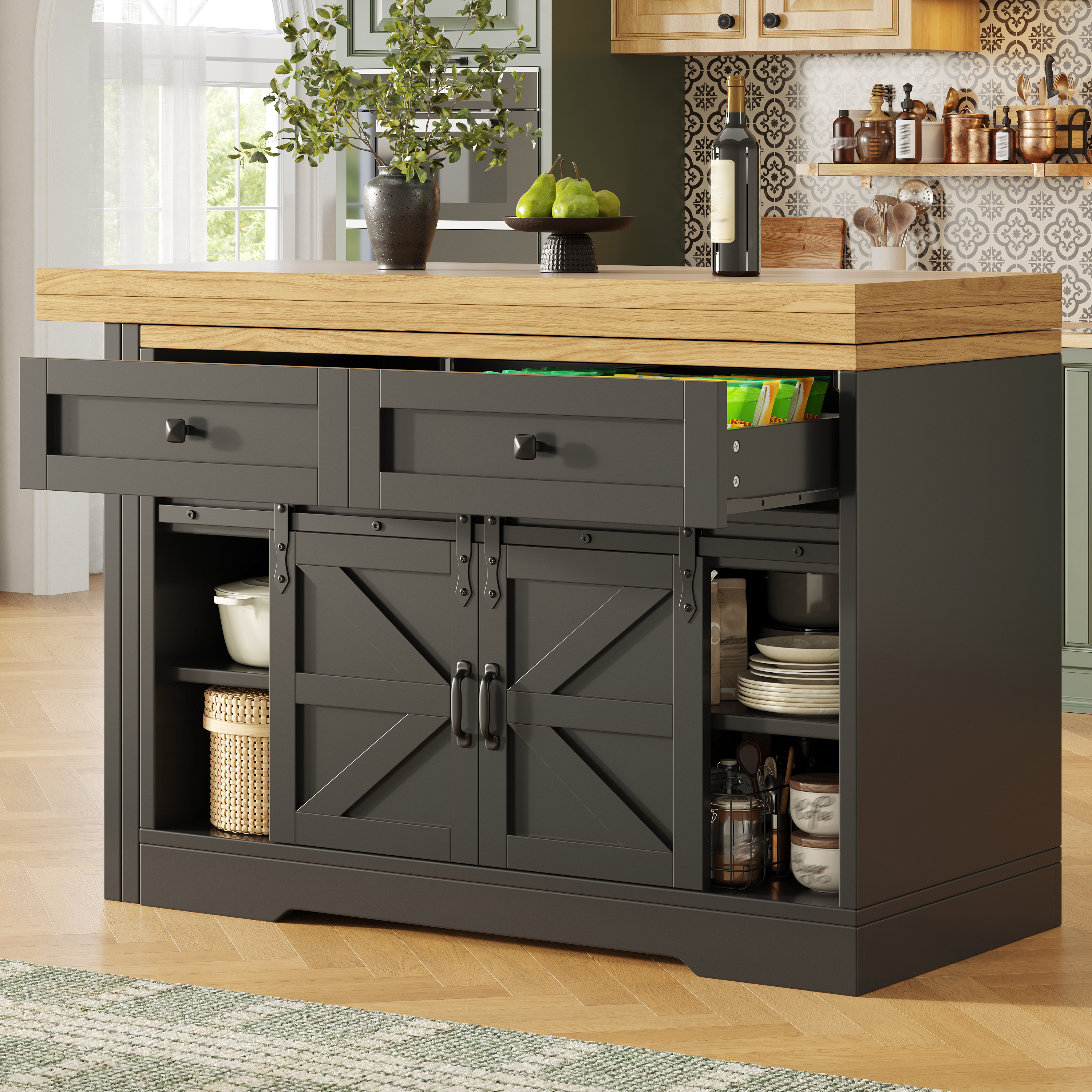 Îlot de cuisine multifonctionnel avec table à manger, armoire latérale avec tiroirs cachés, panneaux rotatifs à 360°, porte d'armoire de grange, table de salle à manger 2 en 1 pour îlot de cuisine