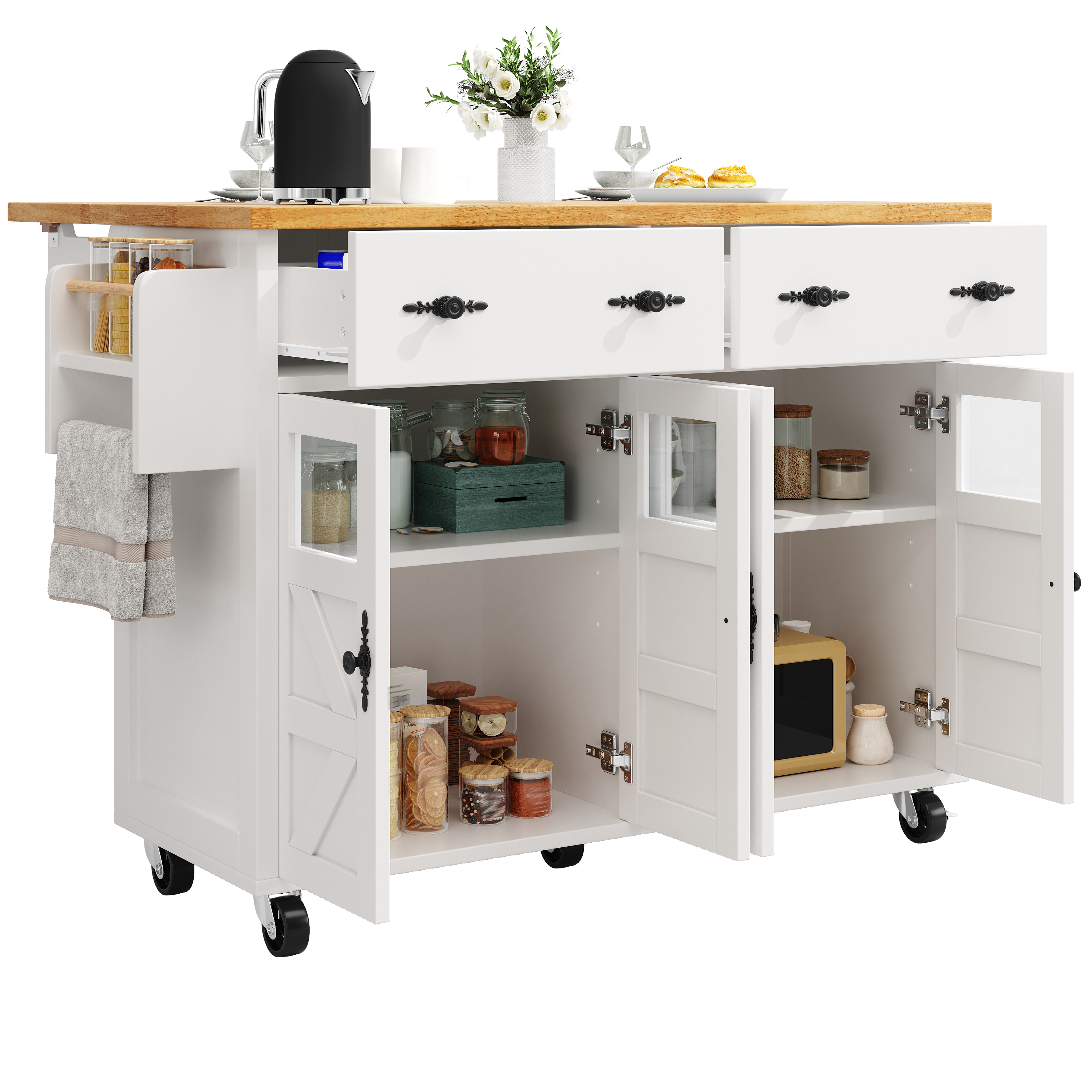 Chariot de service MDF/PB avec portes verre sécurité, plateau extensible, 5 roues (2 avec freins), convertible en buffet, pour cuisine et salon, design moderne, beaucoup de rangement, mobilité, stabilité, fonctionnalité - image 22