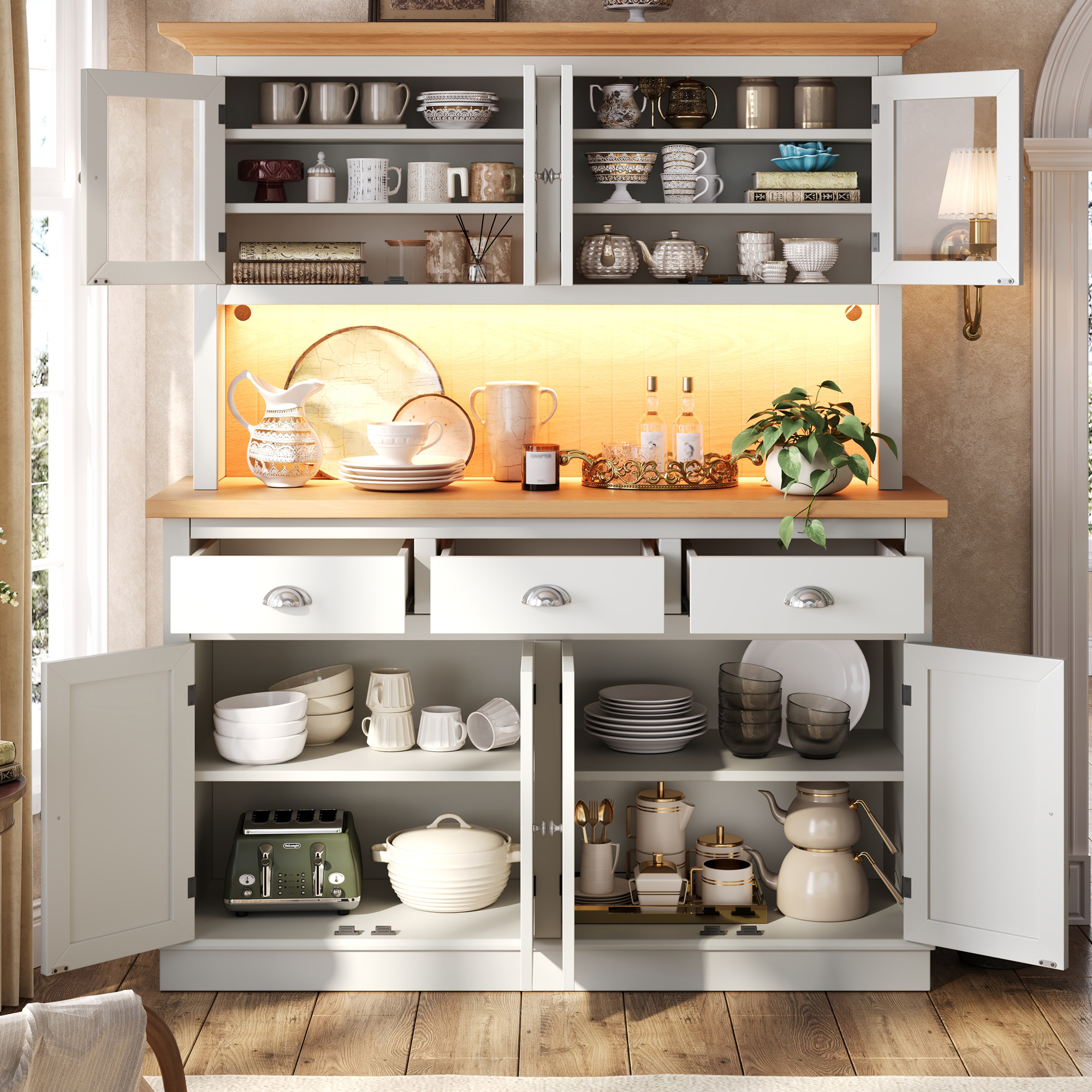 Buffet de cuisine 140 x 40 x 180 cm, LED, étagères réglables, MDF et verre, Light Gray - vue principale