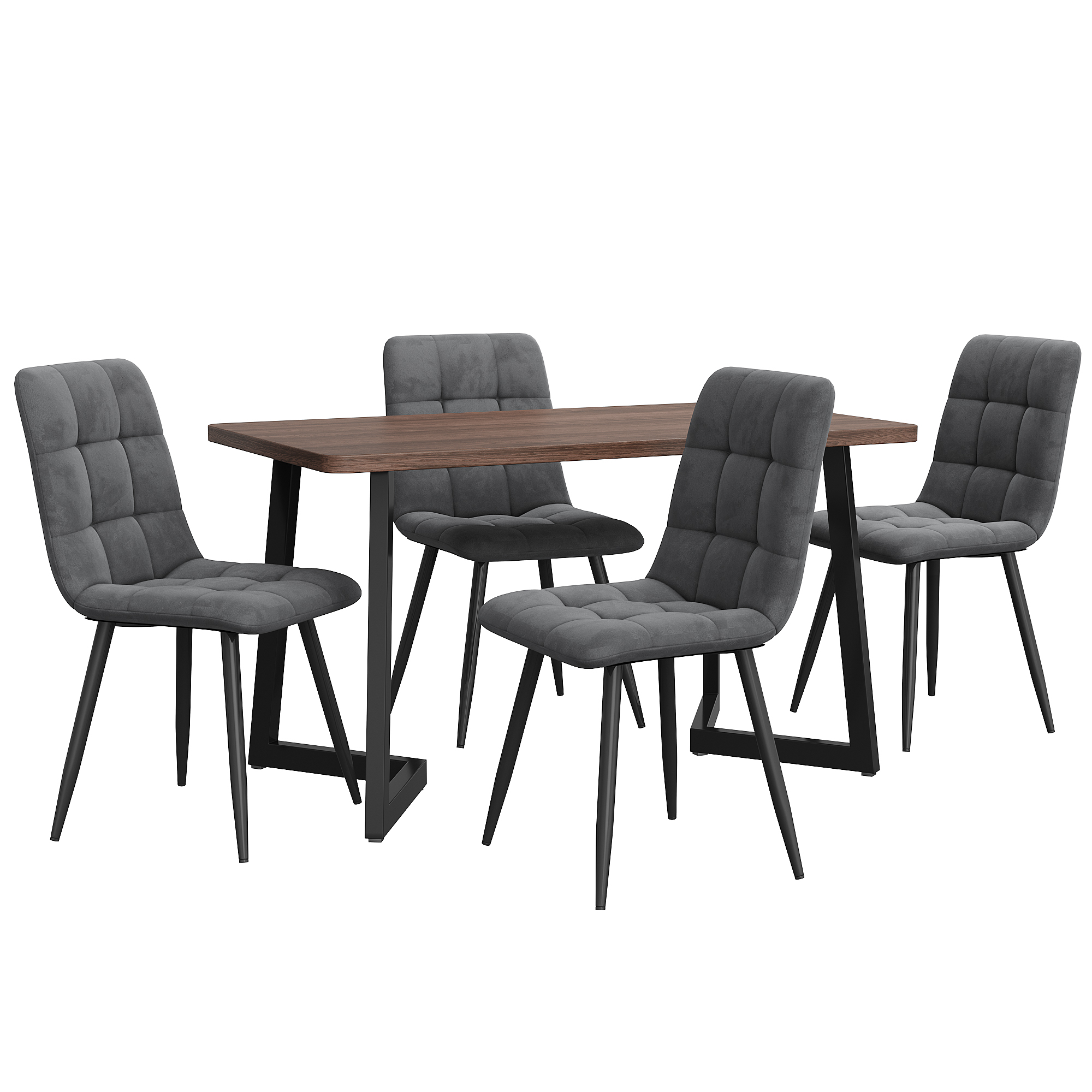 Ensemble table à manger + 4 chaises velours, plateau noyer MDF, pieds métal noir, pour salle à manger et cuisine, design moderne, confort supérieur, stabilité, style élégant, utilisation familiale, durabilité, décoration - image 4