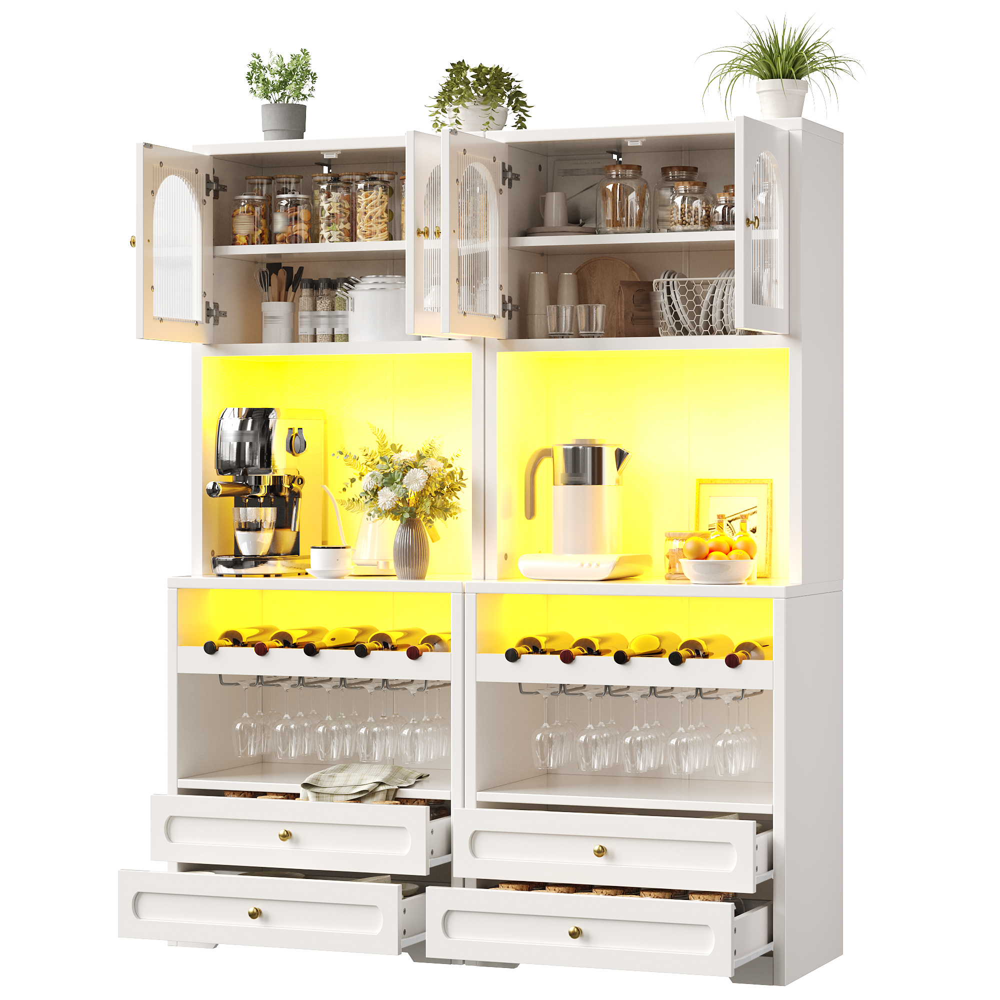 Meuble haut avec portes en verre courbées, éclairage LED via application & synchronisation musicale, étagères réglables, casier à vin, port USB, anti-basculement, pour salon & salle à manger Blanc