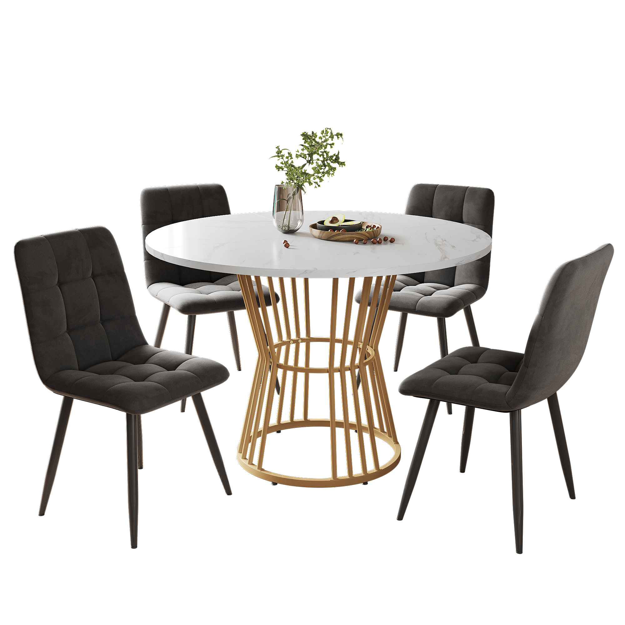 Ensemble table et chaises, 5 pièces, 1 table + 4 chaises, métal et velours, gris foncé - vue 2