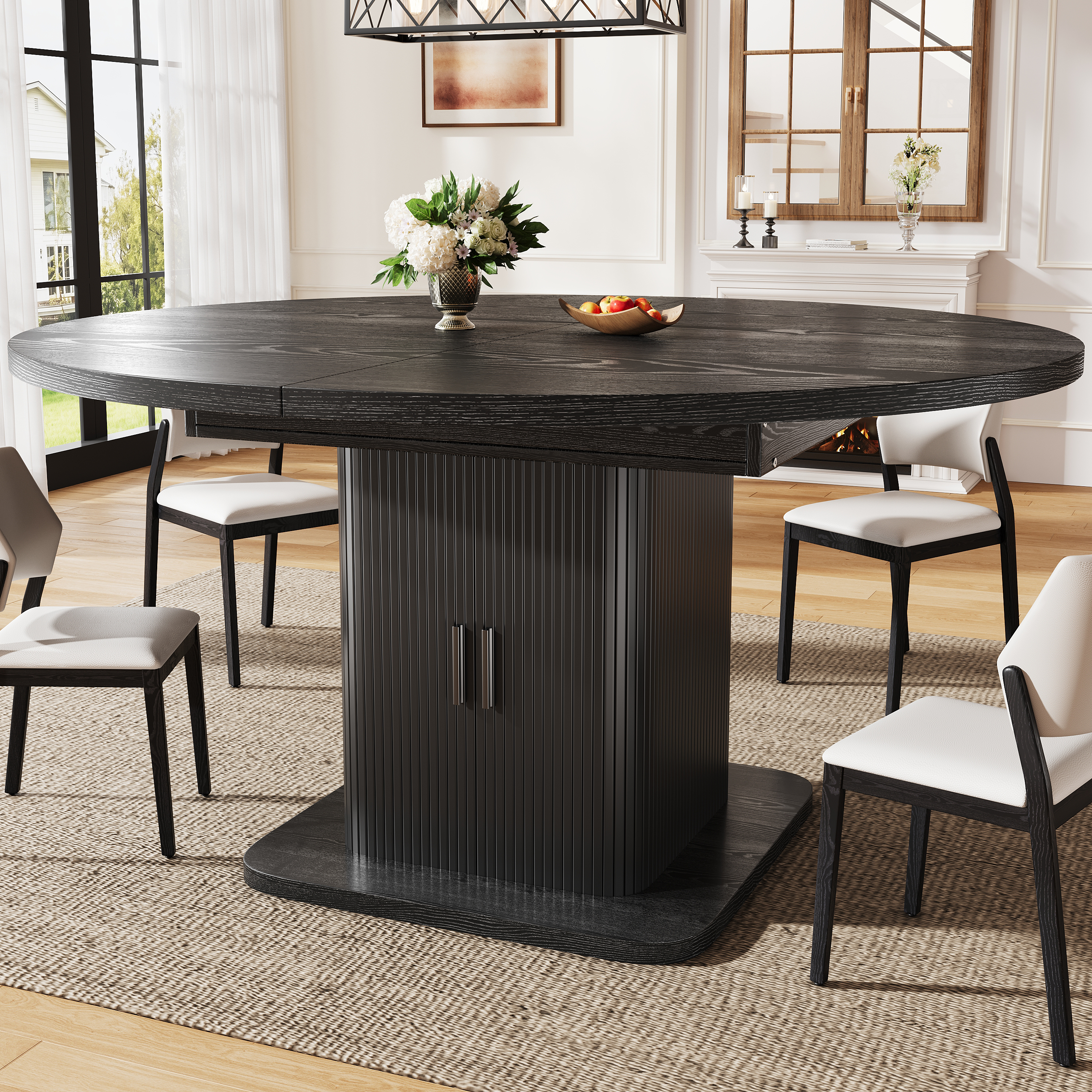 Table à manger ovale extensible 110–150 × 110 × 75 cm avec rangement à portes coulissantes - vue 2