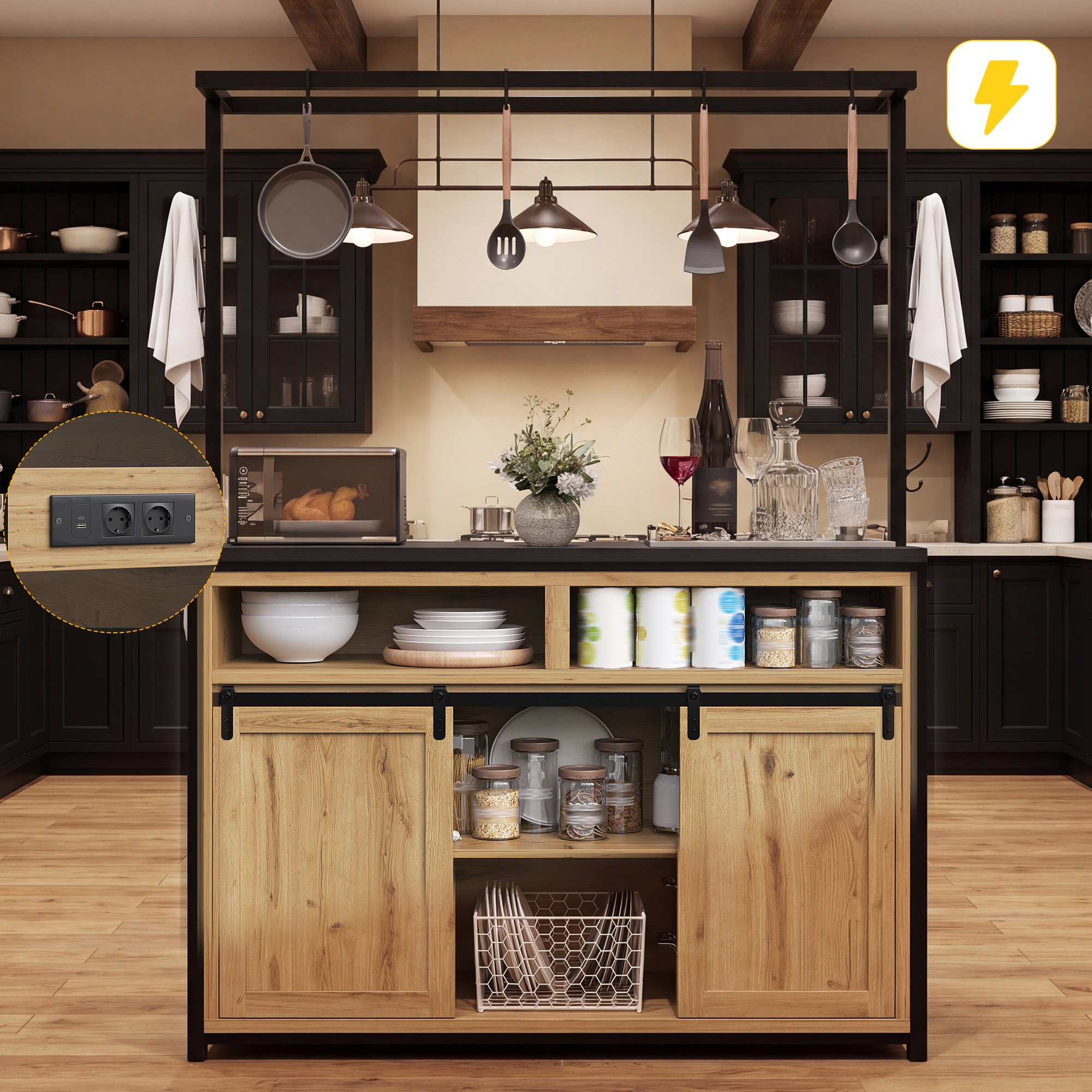 Meuble de cuisine avec plan de travail et branchement électrique, meuble îlot de cuisine de 183 cm de haut avec étagère suspendue, aspect bois/noir, pour cuisine et salle à manger, îlot de cuisine
