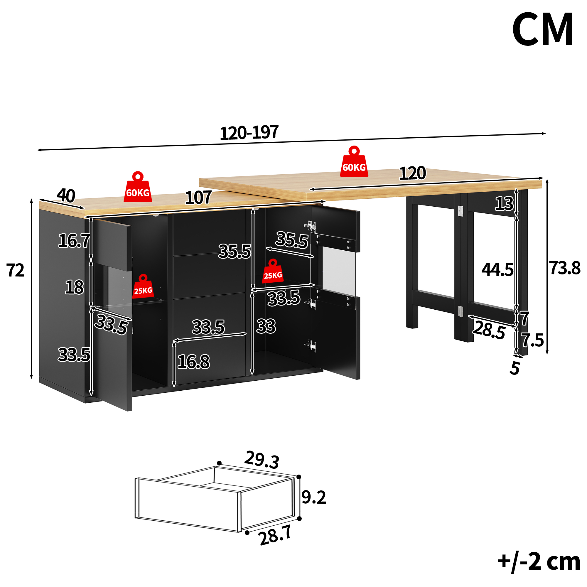 Îlot de cuisine rotatif à 360° avec LED RVB contrôlées par application 120-197 cm, portes en verre, 4 grands tiroirs et étagères réglables, blanc/noir, îlot de cuisine, meuble de rangement