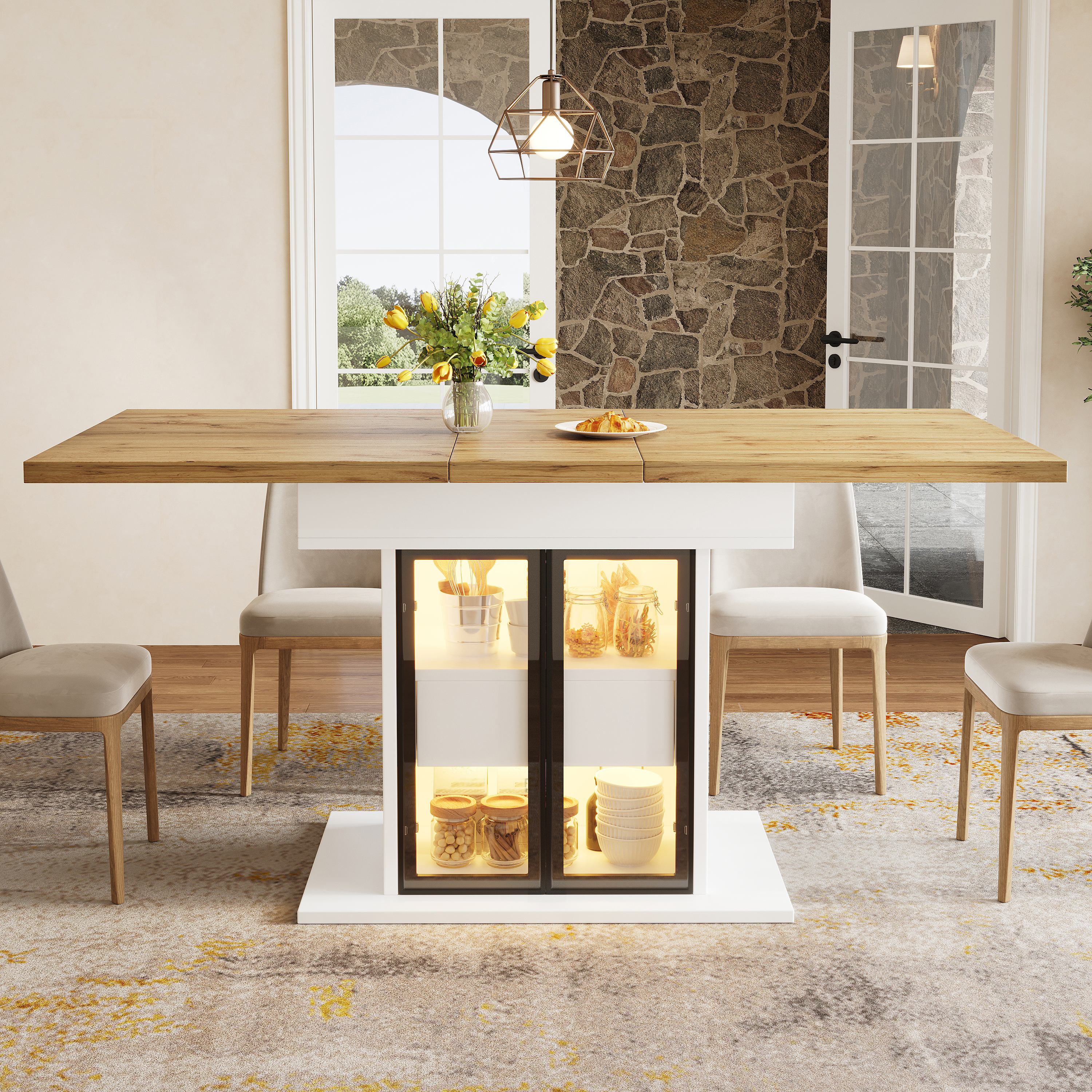 Table à manger extensible avec espace de rangement et éclairage LED RGB, 110-140 cm, portes coulissantes en verre et poignées cachées, blanc/noir, table à manger extensible, table de salle à manger