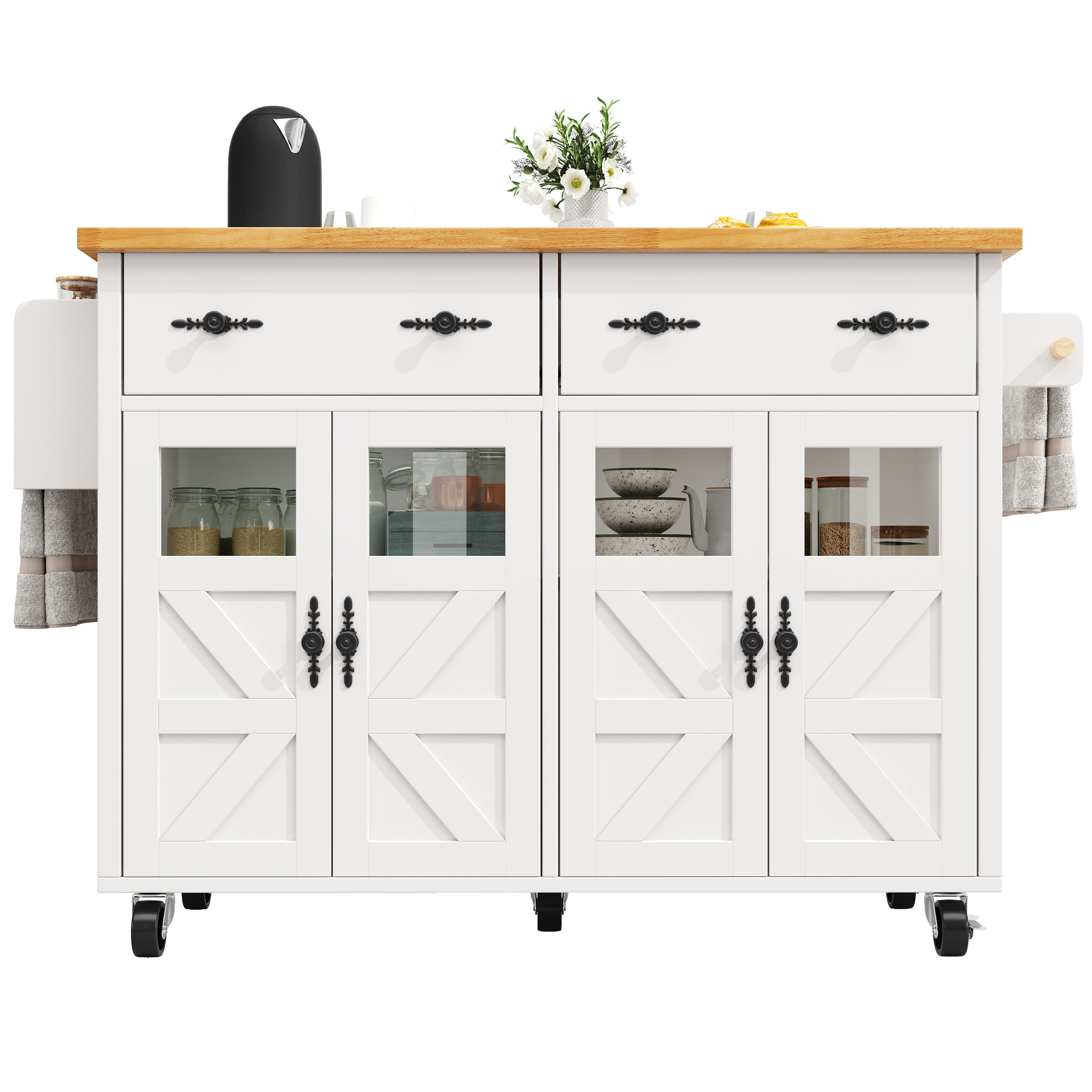 Chariot de service MDF/PB avec portes verre sécurité, plateau extensible, 5 roues (2 avec freins), convertible en buffet, pour cuisine et salon, design moderne, beaucoup de rangement, mobilité, stabilité, fonctionnalité - image 26