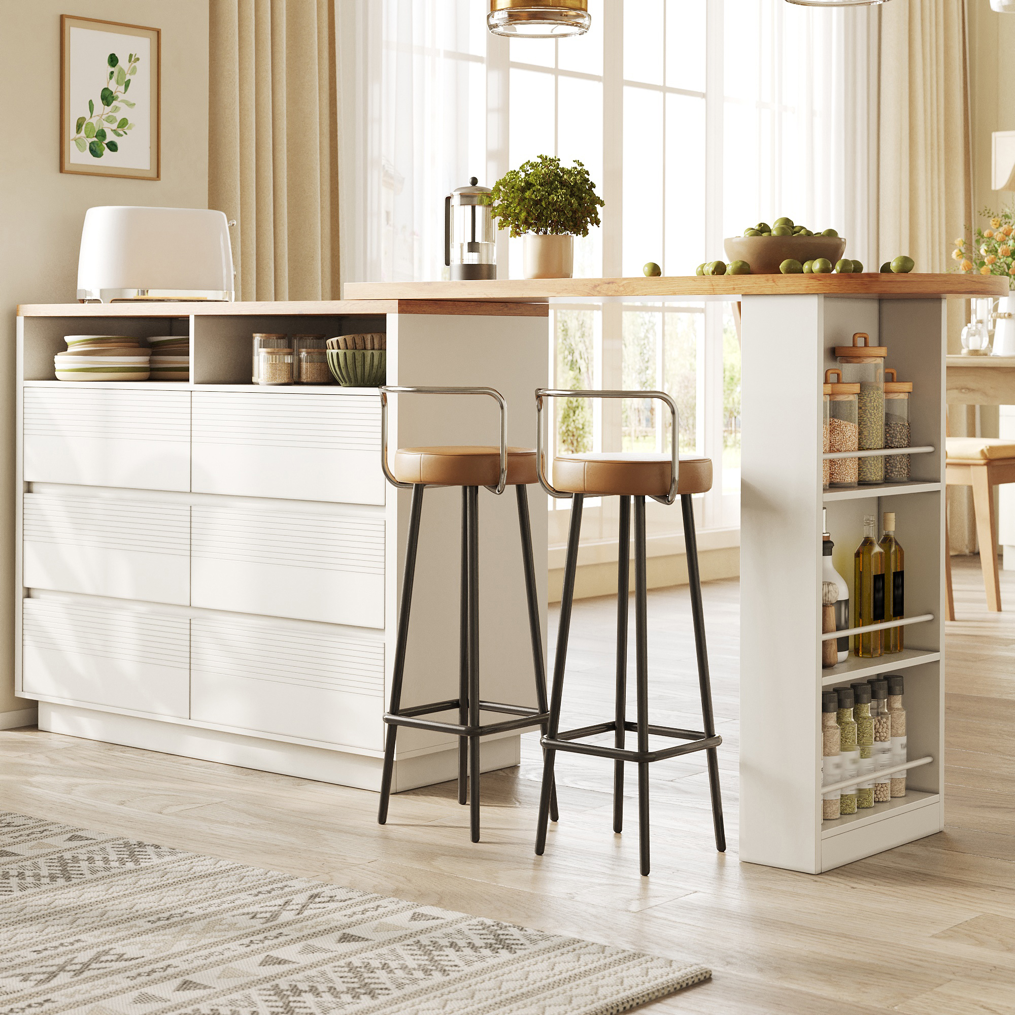 Table de bar extensible avec espace de rangement (137-215 × 39 × 102, 3 cm), table de bar mobile moderne, table de bar télescopique avec six tiroirs, table de bar table de bistro table haute îlot
