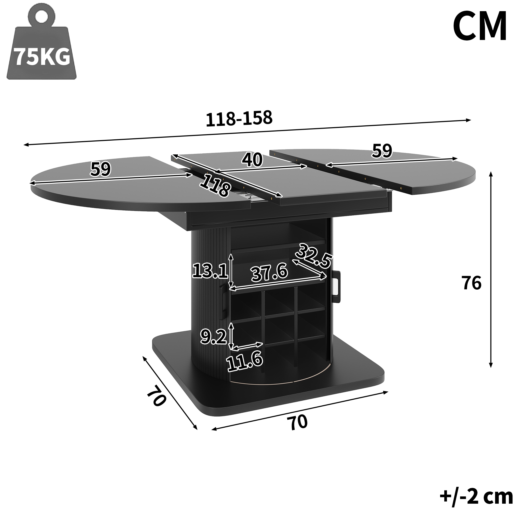 Table à manger extensible avec espace de rangement, table multifonctionnelle avec étagères amovibles, table de cuisine peu encombrante pour petites pièces et salles à manger, plateau en MDF, noir