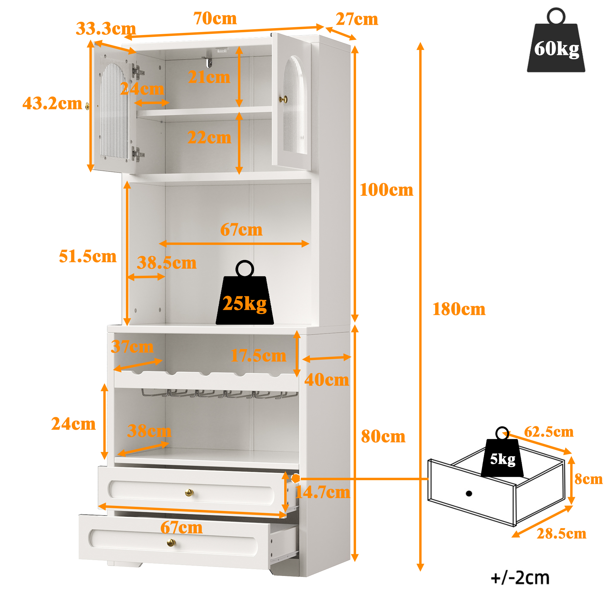 Meuble haut avec portes en verre courbées, éclairage LED via application & synchronisation musicale, étagères réglables, casier à vin, port USB, anti-basculement, pour salon & salle à manger Blanc