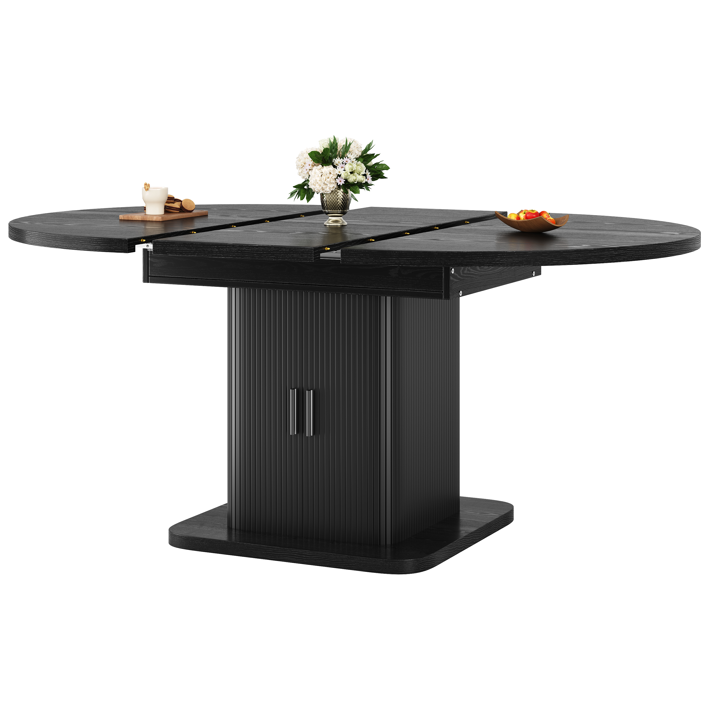 Table à manger ovale extensible 110–150 × 110 × 75 cm avec rangement à portes coulissantes - vue 1