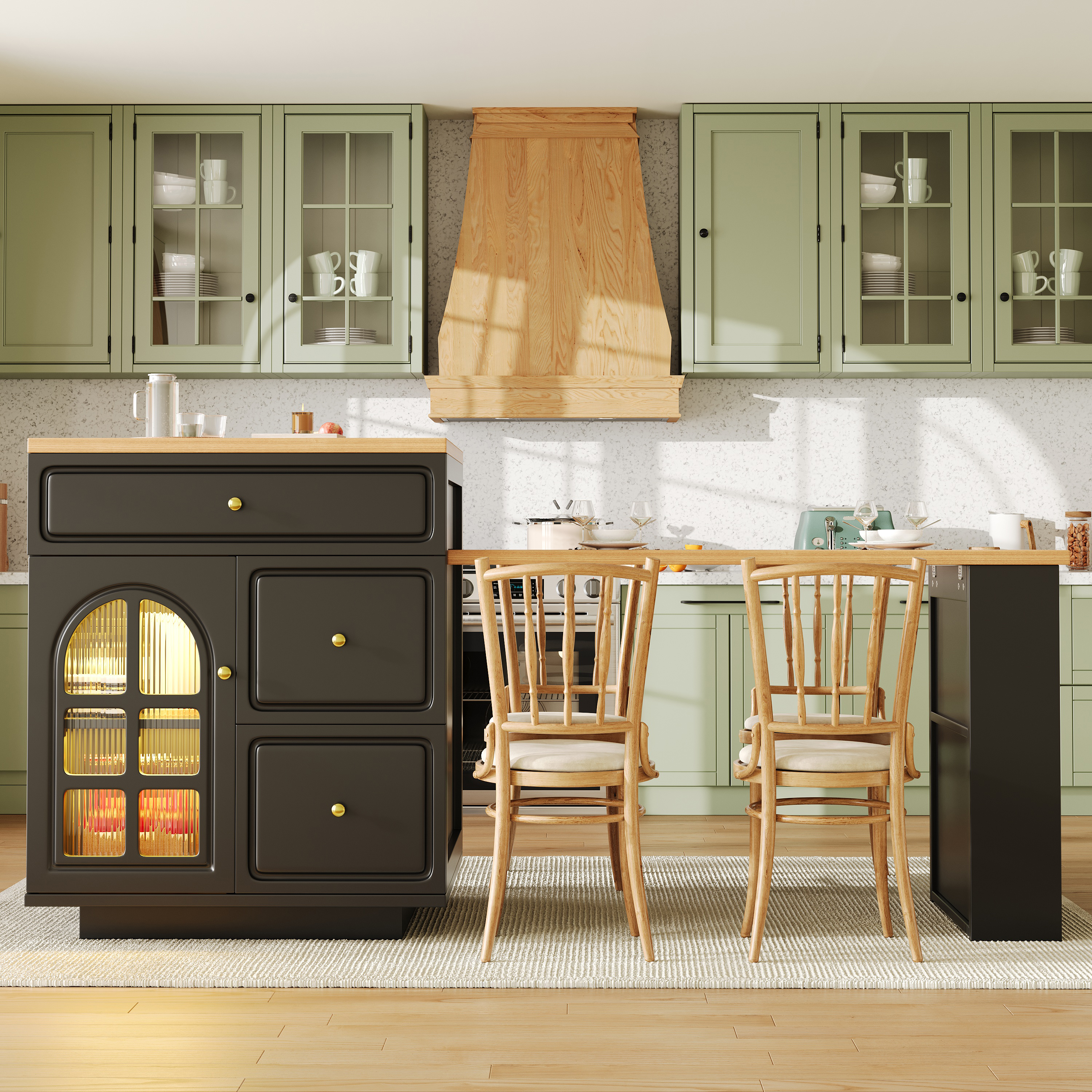 Îlot de cuisine extensible avec tiroirs et bande lumineuse LED RVB, longueur réglable de 122, 5 à 195, 5 cm, grain de bois avec vitrine en verre, îlot de comptoir polyvalent pour cuisine, salle