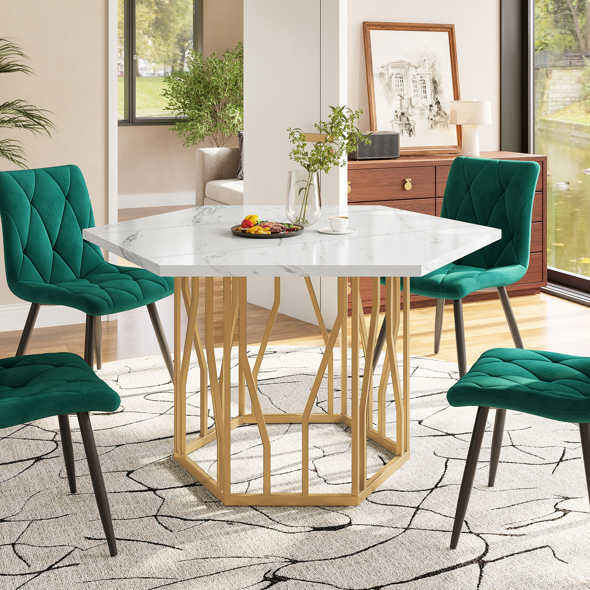 Table hexagonale doré blanc vue 1