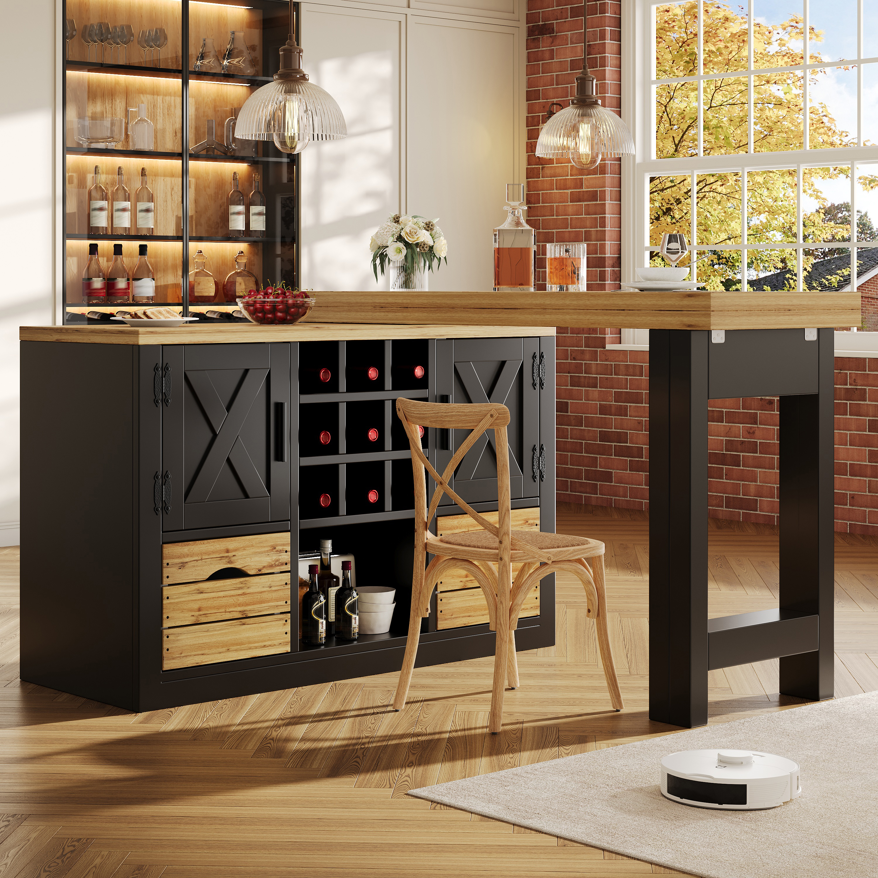 Table à manger extensible avec îlot de cuisine, table à manger multifonctionnelle avec buffet, plateau rotatif à 360°, table de cuisine extensible avec grand espace de rangement, élément mural