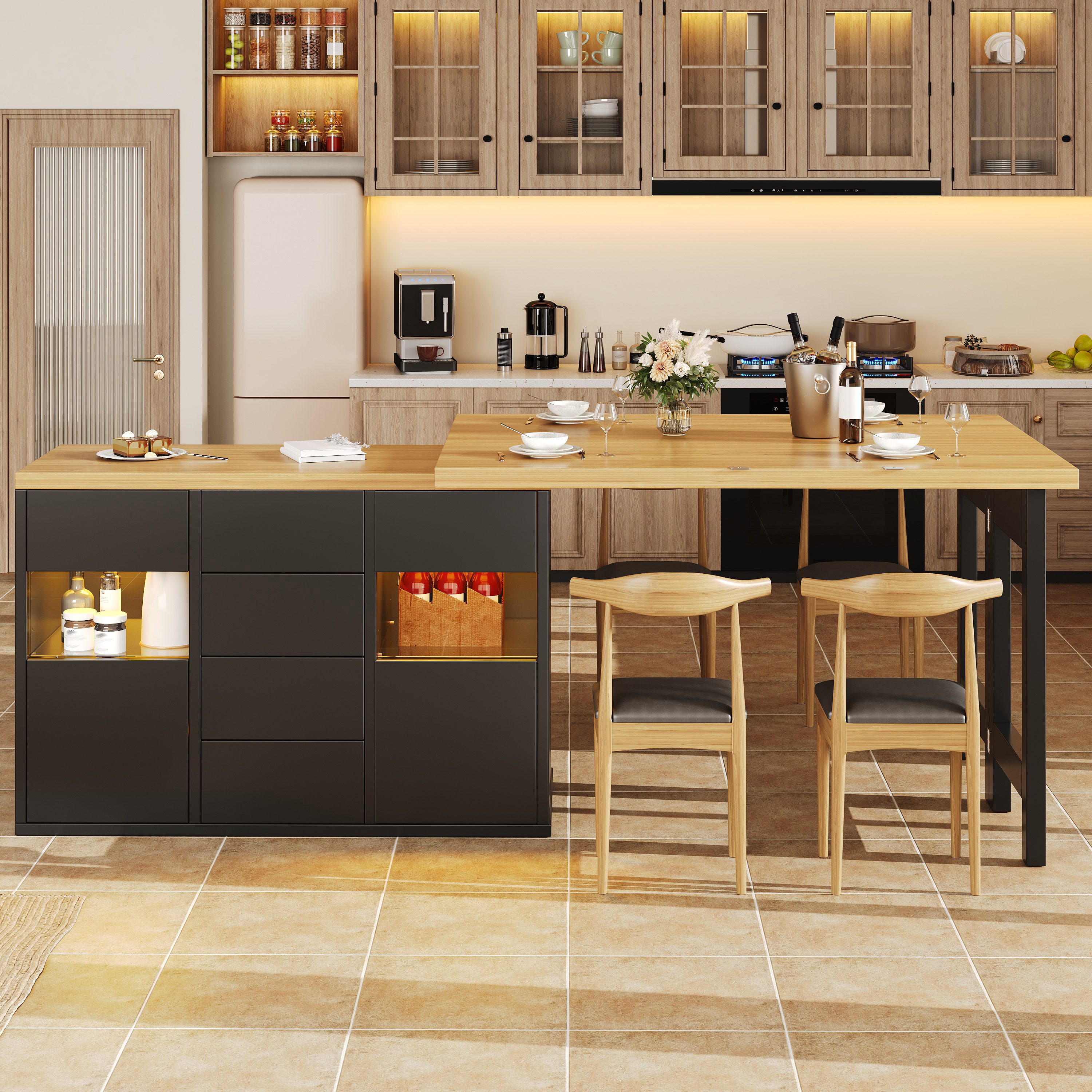 Îlot de cuisine rotatif à 360° avec LED RVB contrôlées par application 120-197 cm, portes en verre, 4 grands tiroirs et étagères réglables, blanc/noir, îlot de cuisine, meuble de rangement