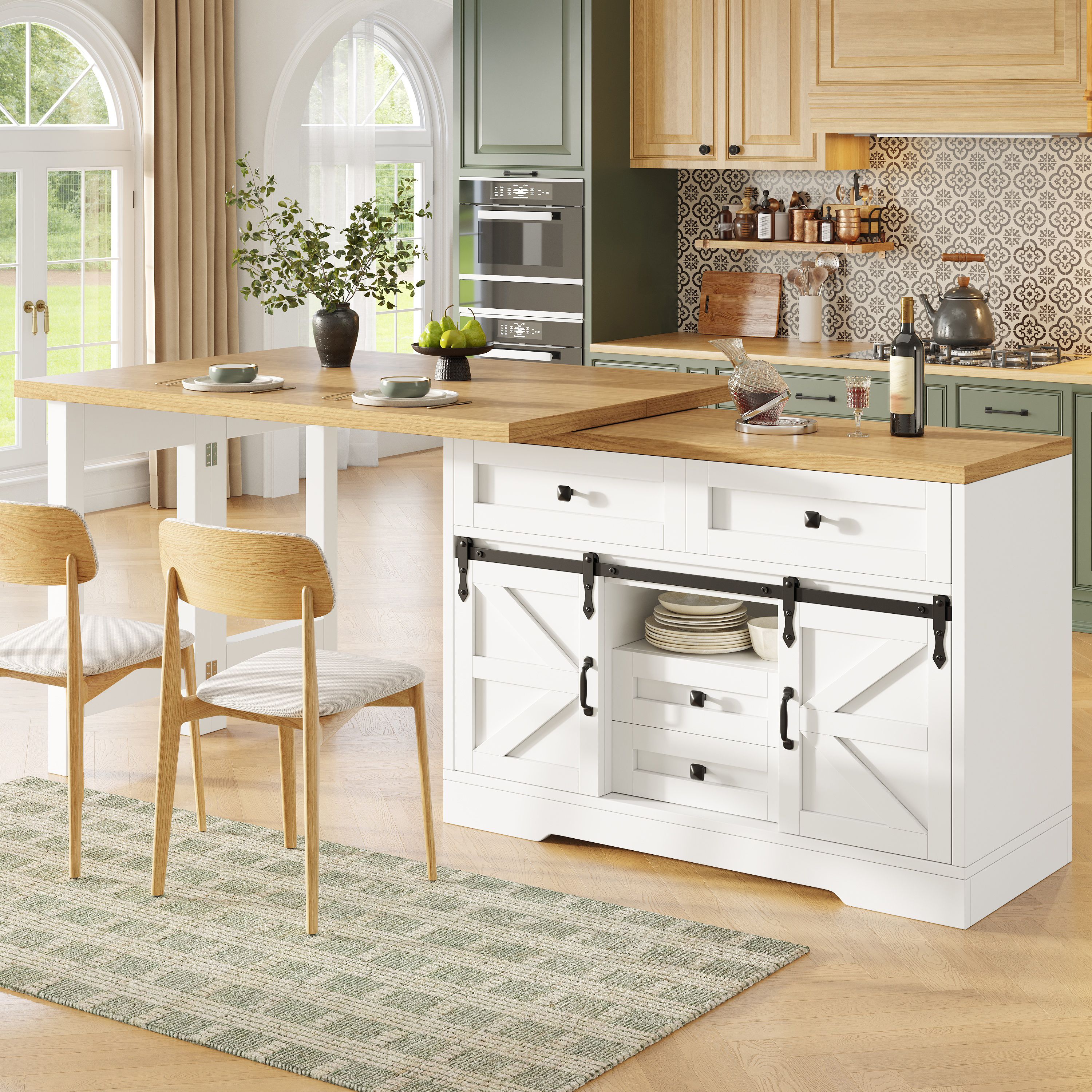 Îlot de cuisine multifonctionnel avec table à manger, armoire latérale avec tiroirs cachés, panneaux rotatifs à 360°, porte d'armoire de grange, table de salle à manger 2 en 1 pour îlot de cuisine