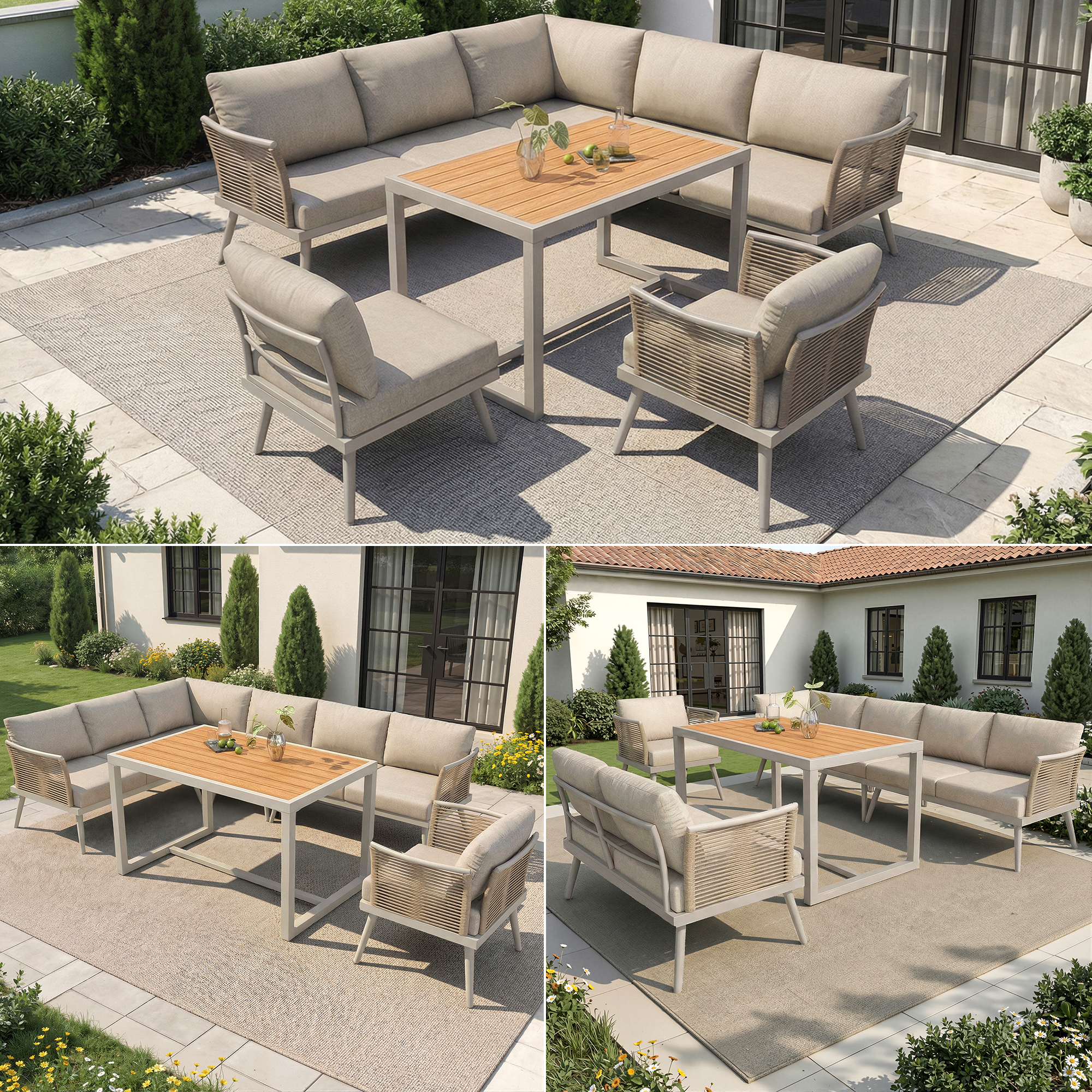 Siebenpersonen L-förmiges Gartensofa-Set mit geflo