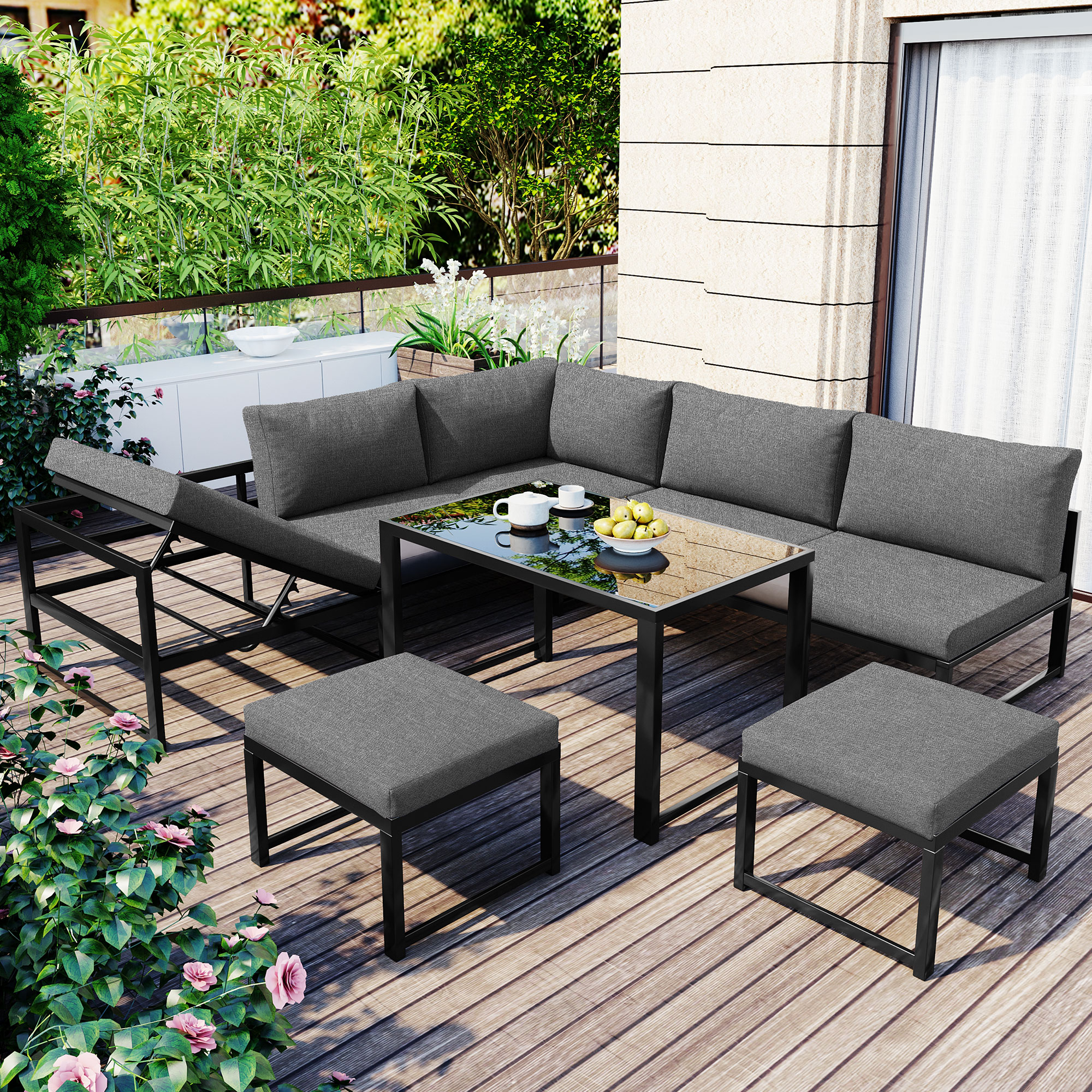 Salon de jardin aluminium relax noir gris