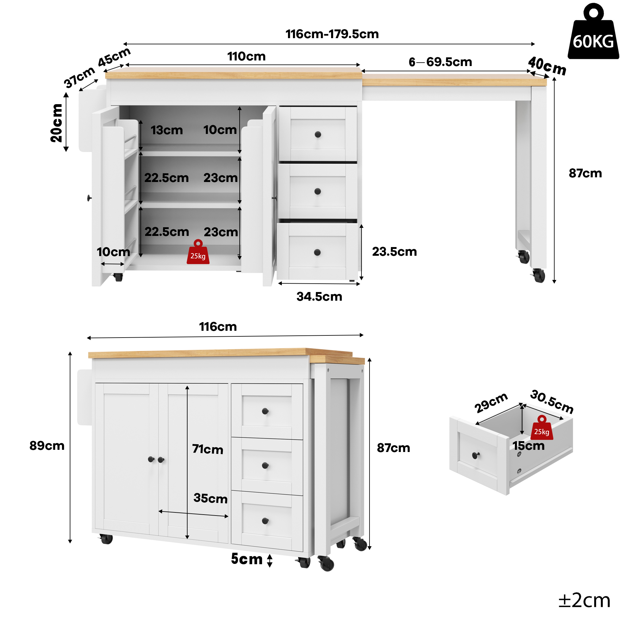 Îlot de cuisine extensible avec espace de rangement de 116 à 179, 5 cm, plateau extensible jusqu'à max. 69, 5 cm, avec 3 tiroirs, tablettes latérales et roulettes, blanc/noir, îlot de cuisine